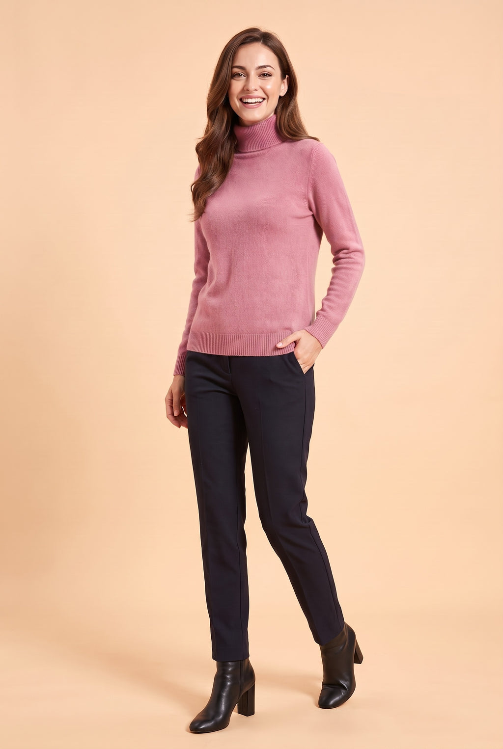 ELIZA Fluffy Knit Roll Neck Jumper in pink, front