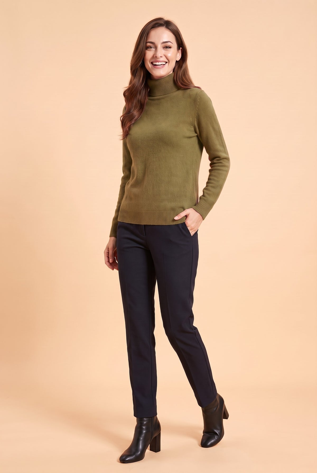 ELIZA Fluffy Knit Roll Neck Jumper in army green, front
