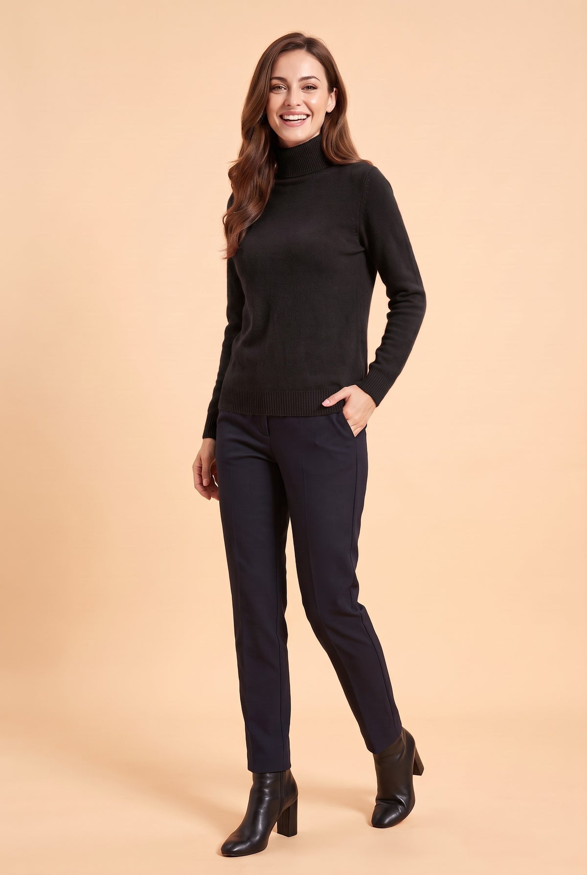 ELIZA Fluffy Knit Roll Neck Jumper in black, front
