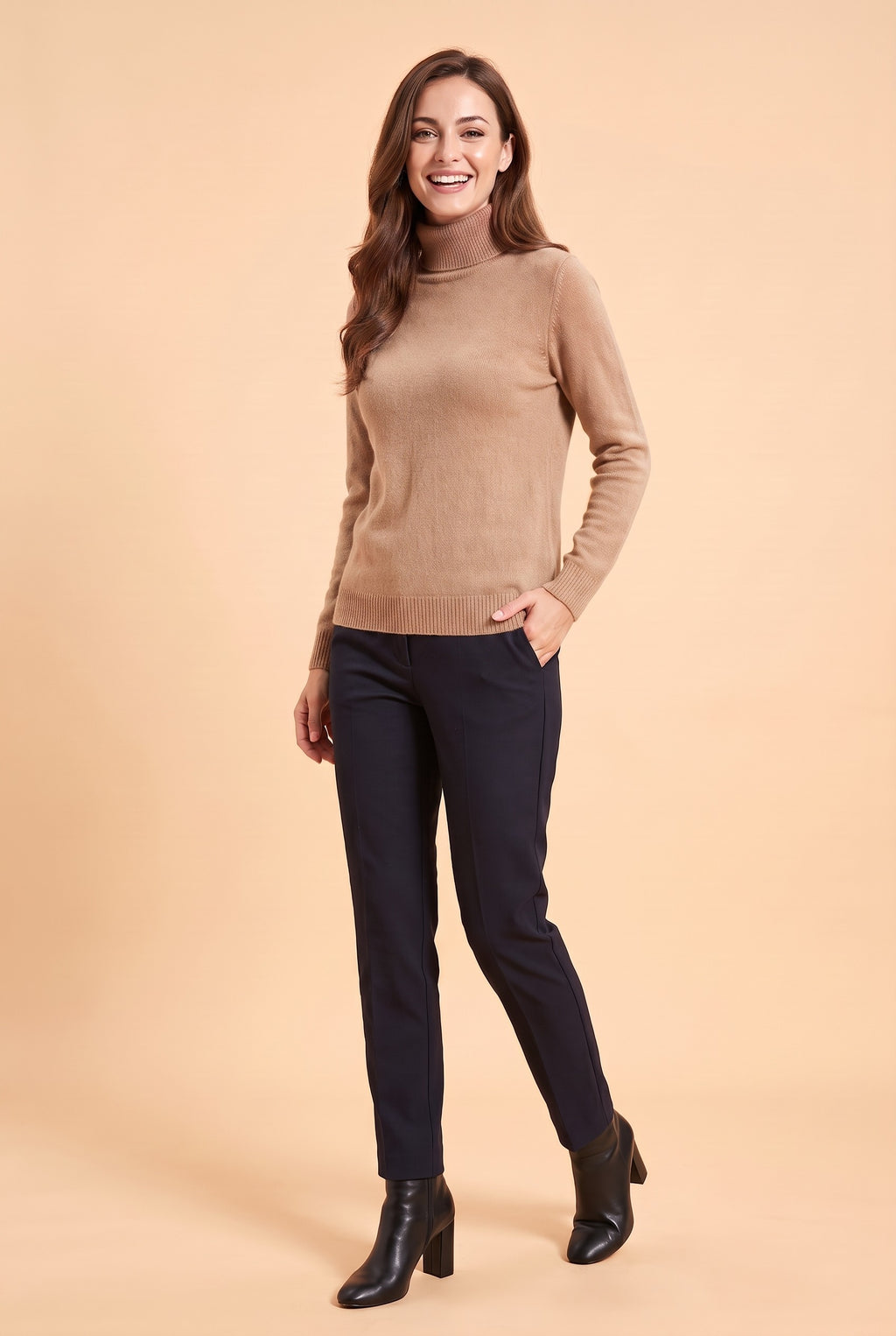 ELIZA Fluffy Knit Roll Neck Jumper in beige, front