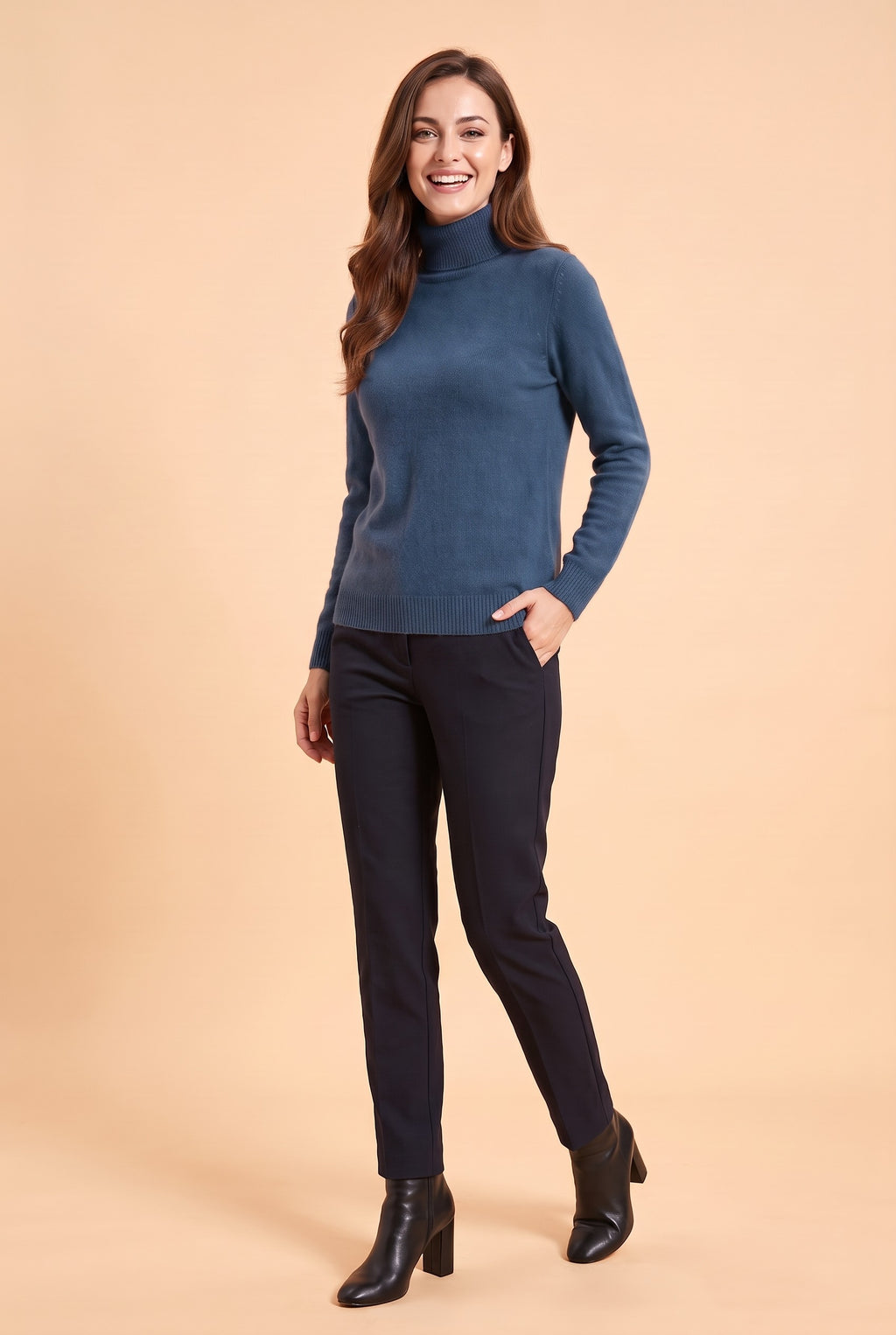 ELIZA Fluffy Knit Roll Neck Jumper in seaweed blue, front