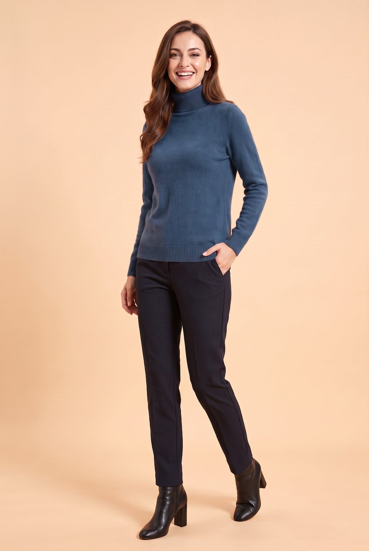 ELIZA Fluffy Knit Roll Neck Jumper in seaweed blue, front