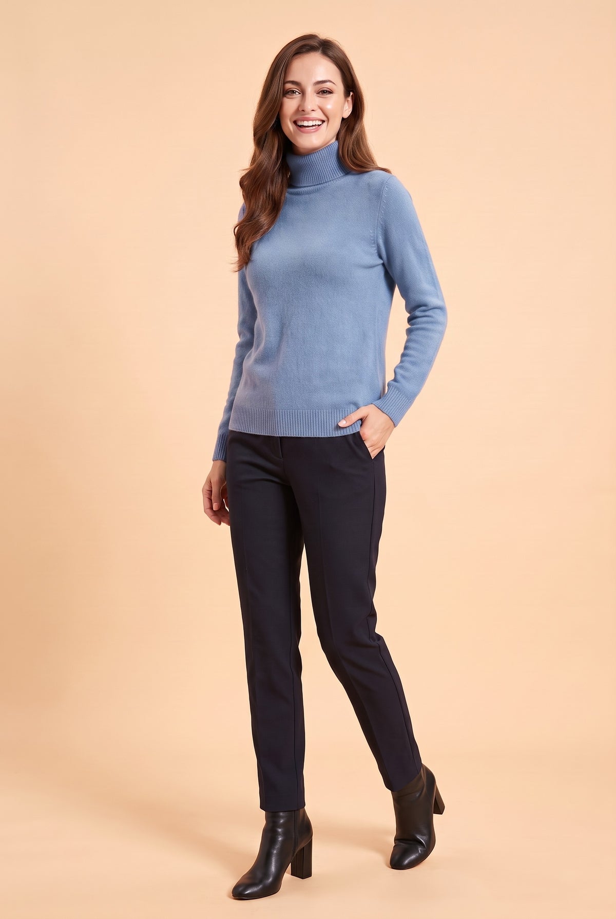 ELIZA Fluffy Knit Roll Neck Jumper in sky blue, front