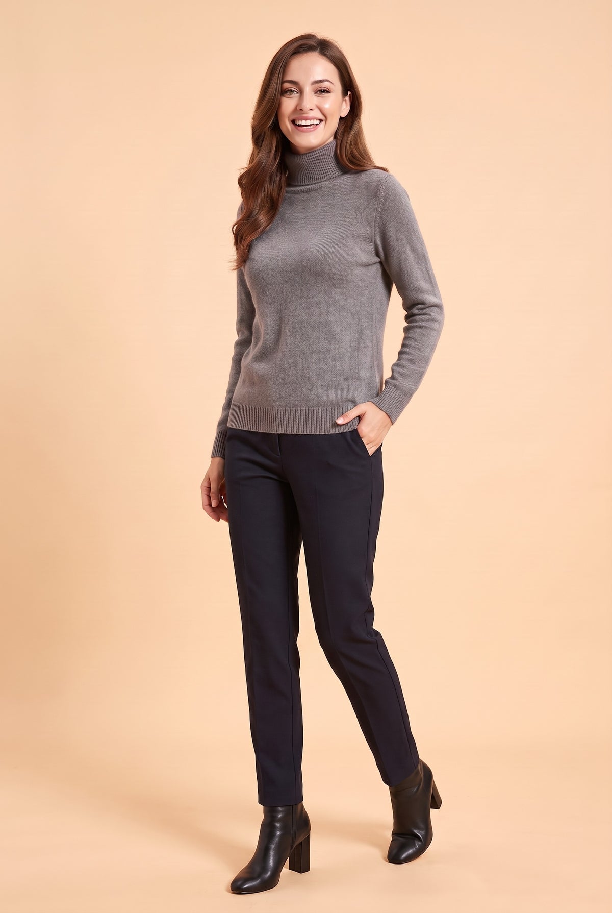 ELIZA Fluffy Knit Roll Neck Jumper in grey, front