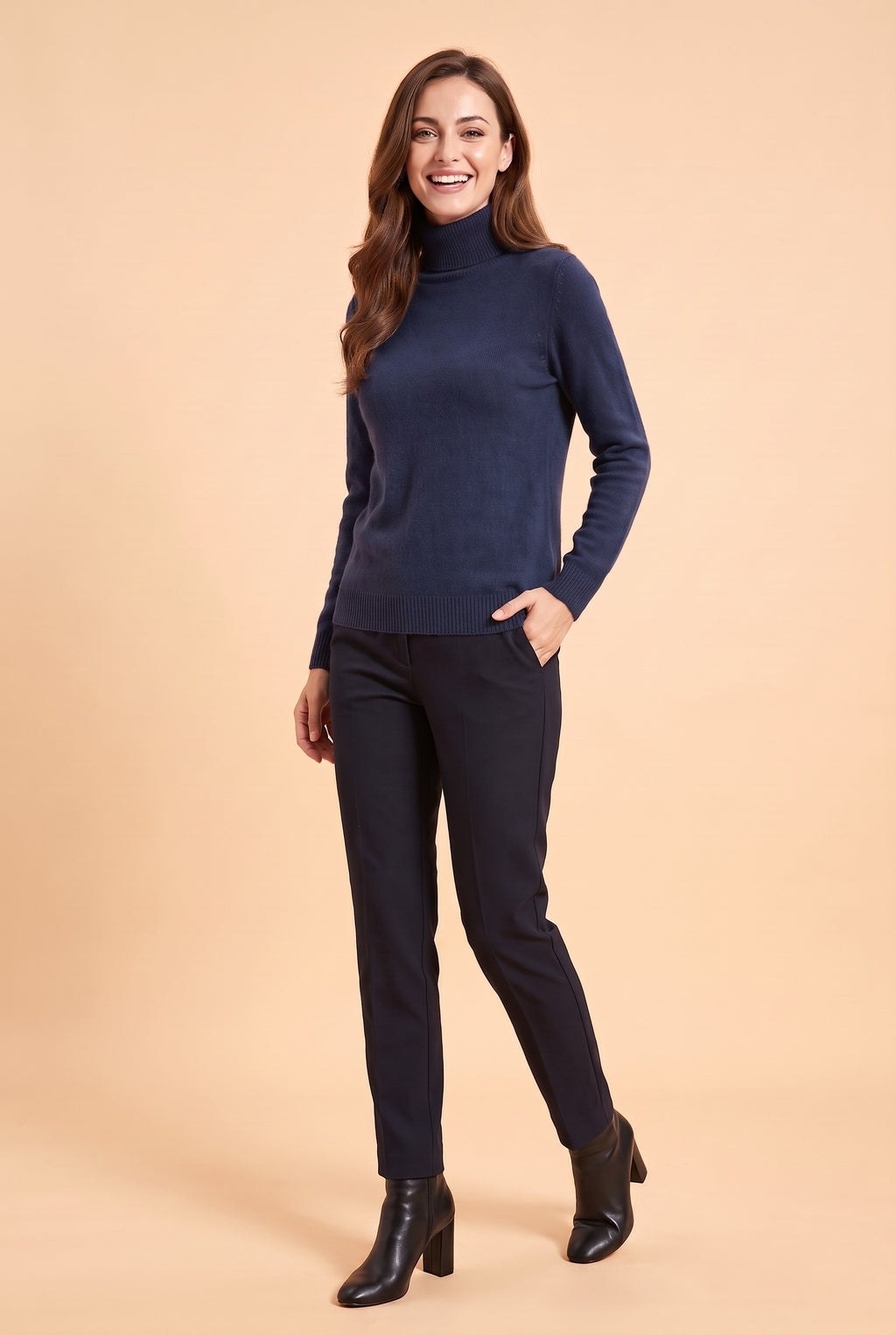 ELIZA Fluffy Knit Roll Neck Jumper in navy, front