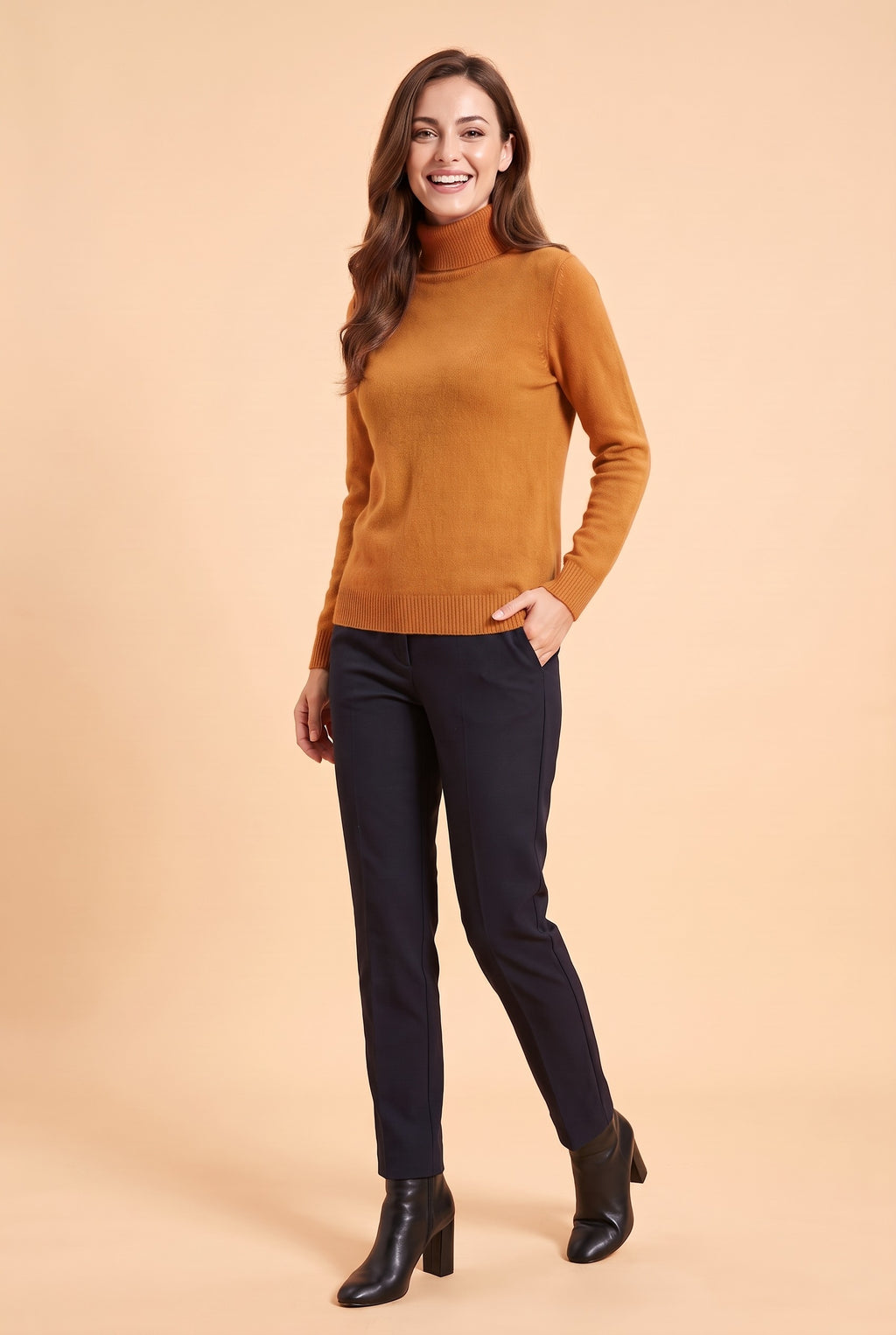 ELIZA Fluffy Knit Roll Neck Jumper in turmeric, front