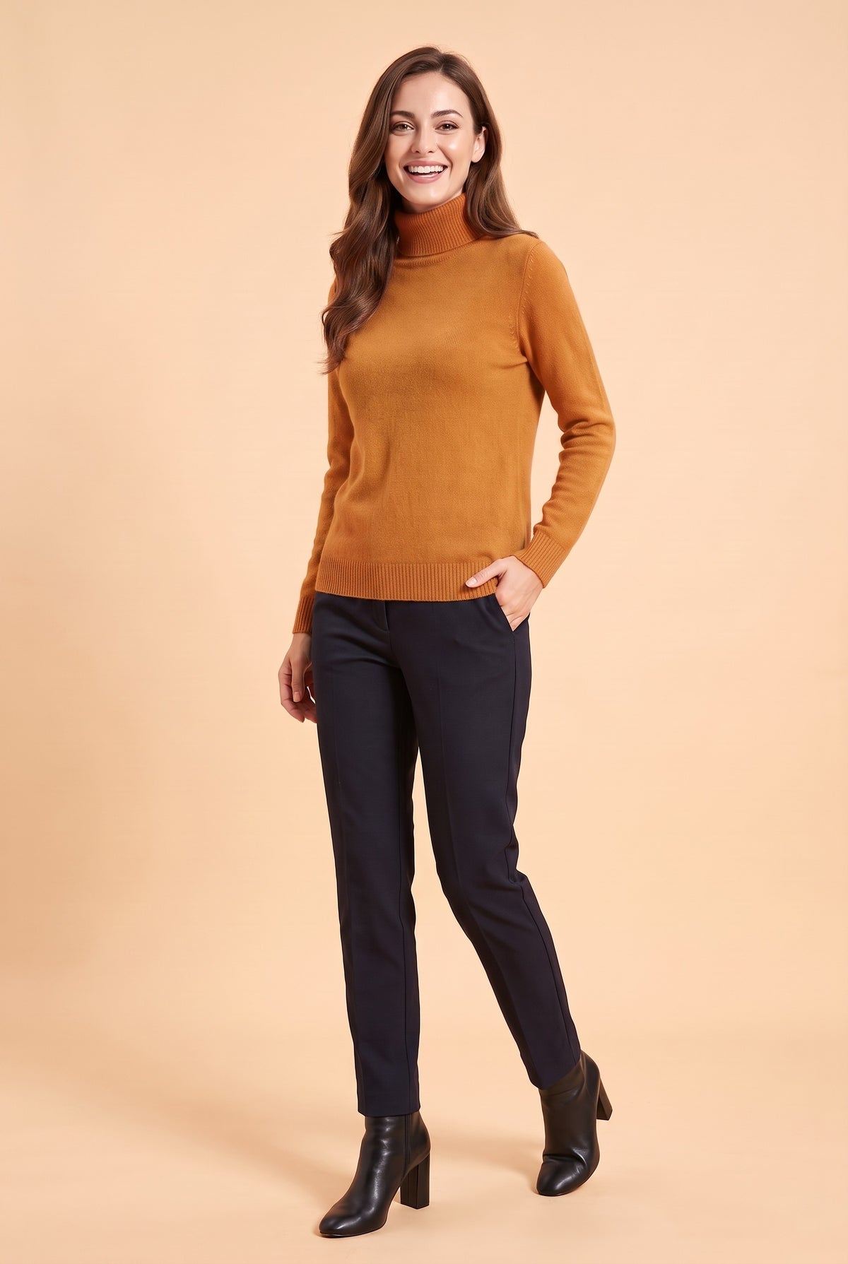 ELIZA Fluffy Knit Roll Neck Jumper in turmeric, front