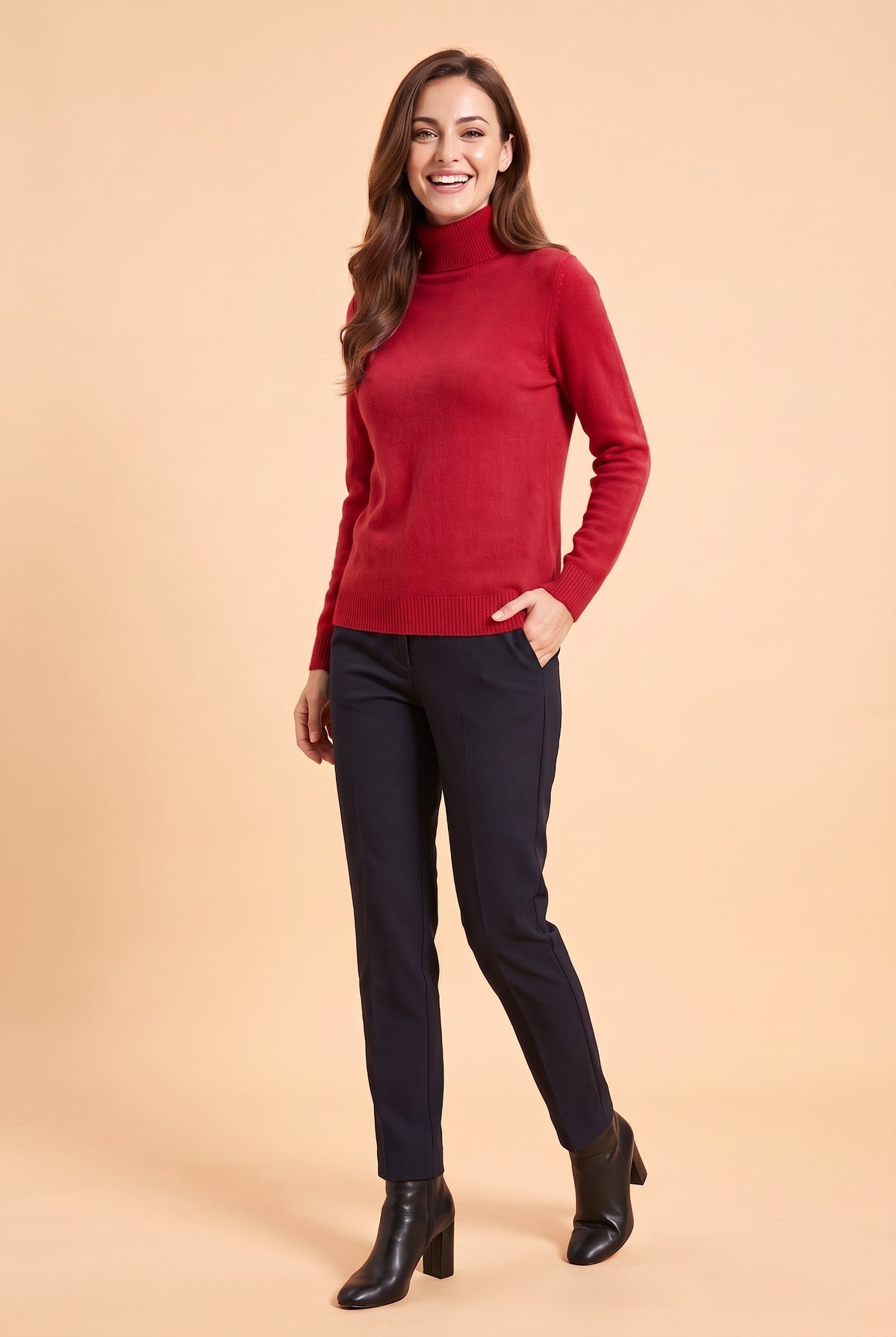 ELIZA Fluffy Knit Roll Neck Jumper in red, front