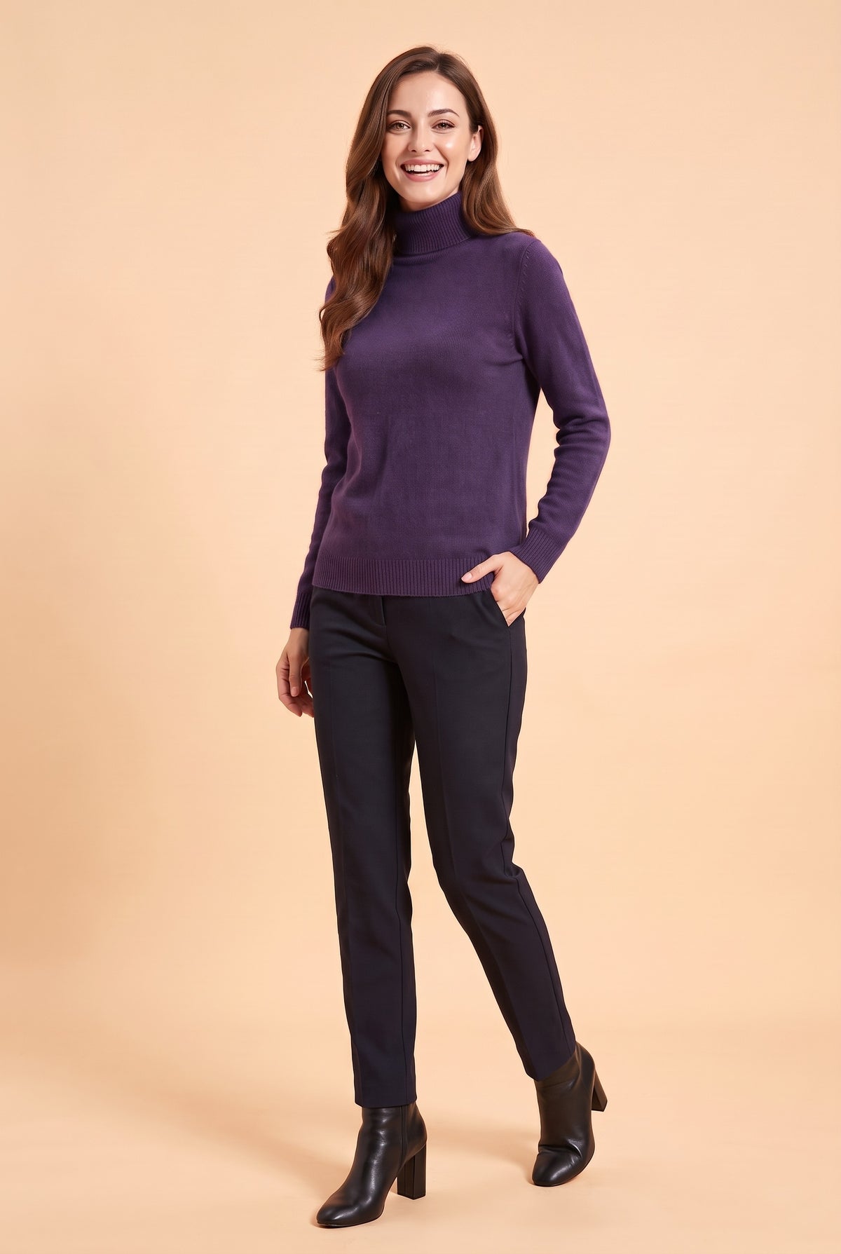 ELIZA Fluffy Knit Roll Neck Jumper in purple, front