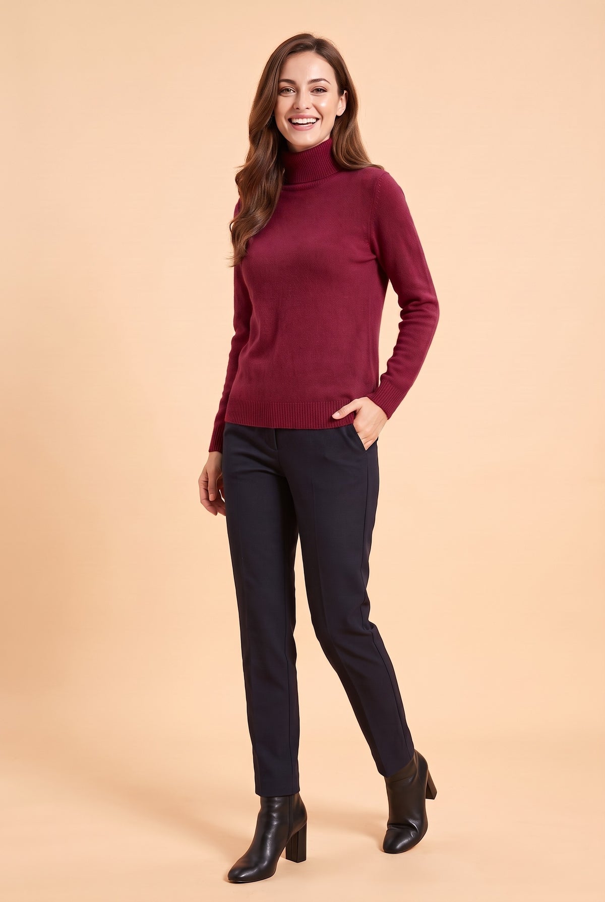 ELIZA Fluffy Knit Roll Neck Jumper in burgundy, front