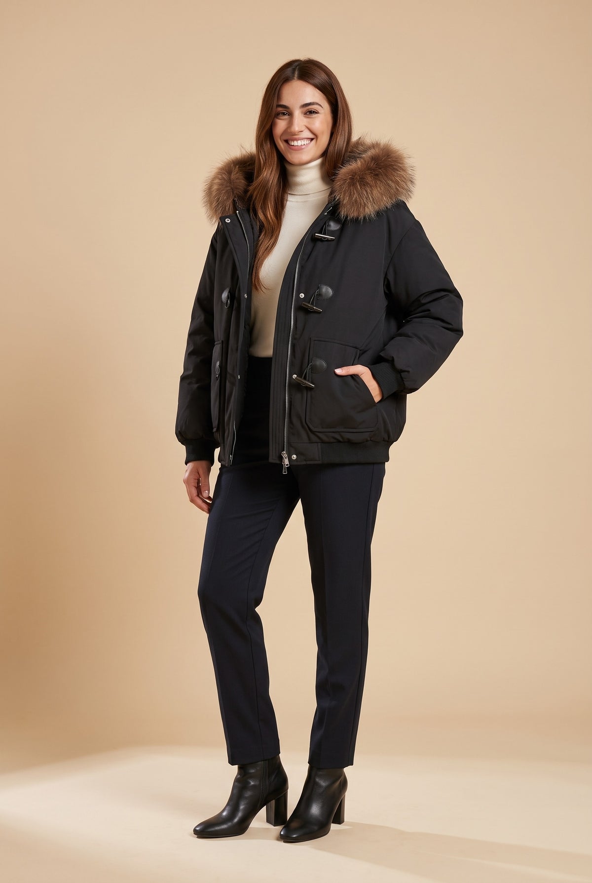 ELSIE Faux Fur Hood Cropped Puffer Jacket in black, front