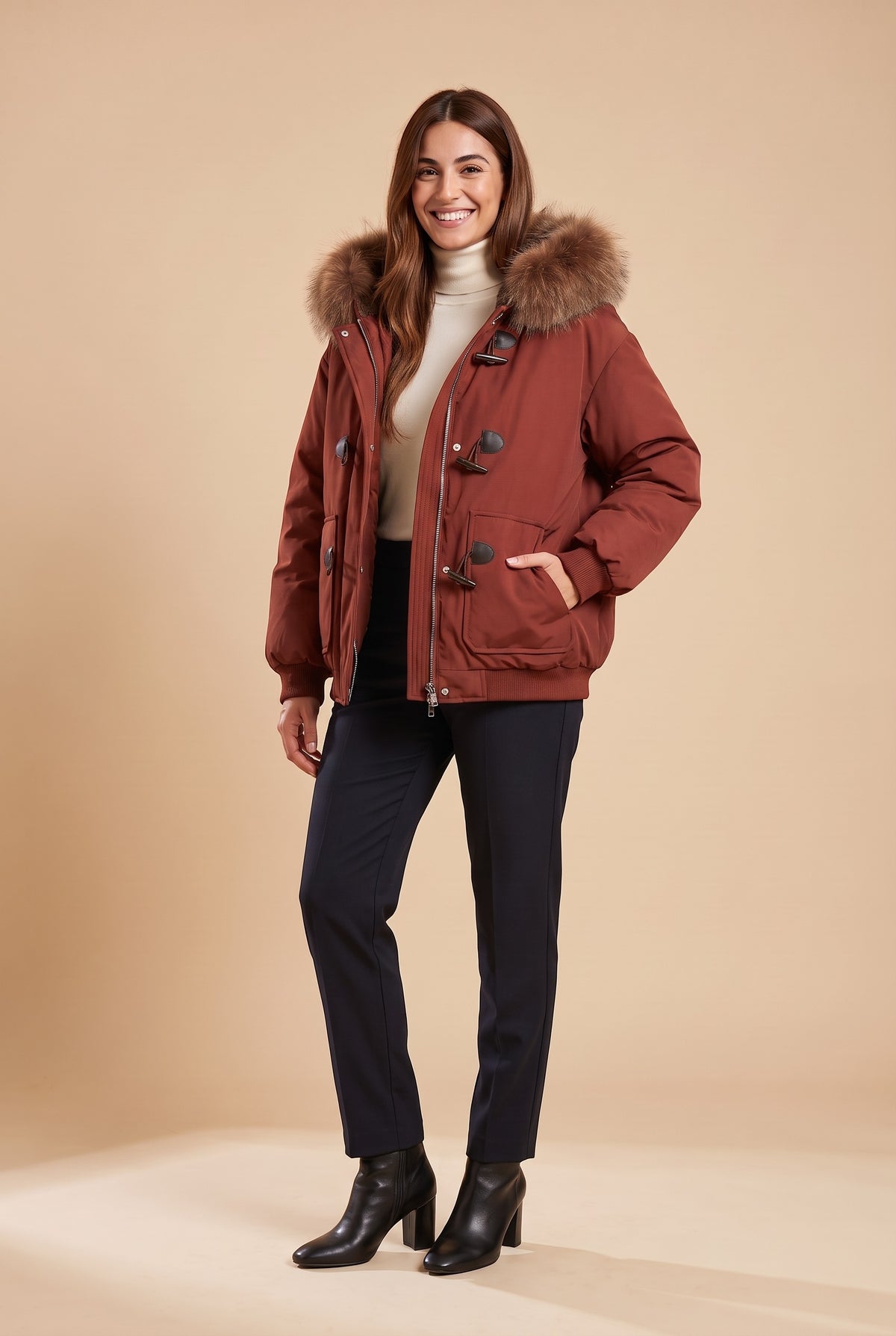 ELSIE Faux Fur Hood Cropped Puffer Jacket in brick red, front