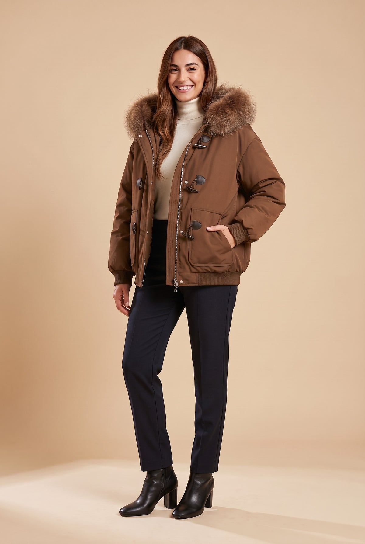 ELSIE Faux Fur Hood Cropped Puffer Jacket in brown, front
