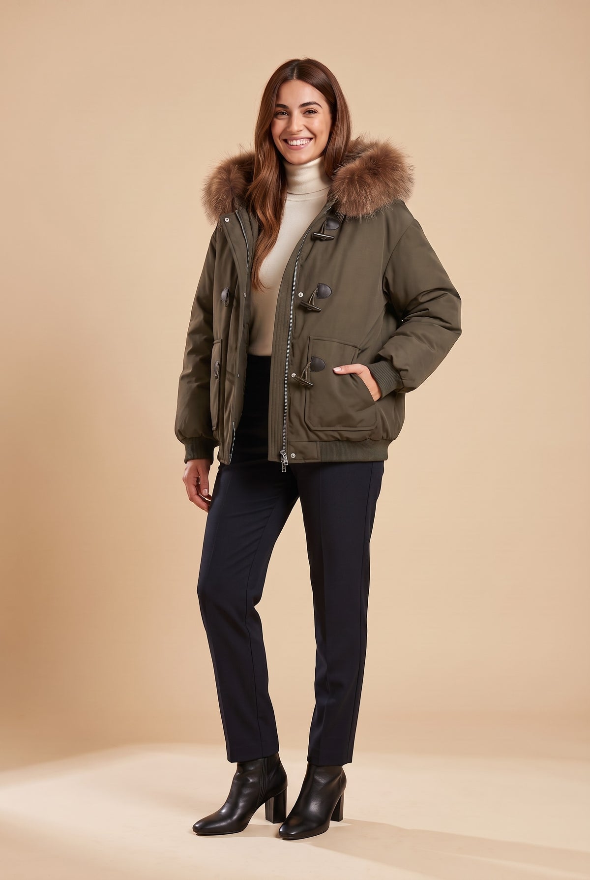 ELSIE Faux Fur Hood Cropped Puffer Jacket in khaki, front