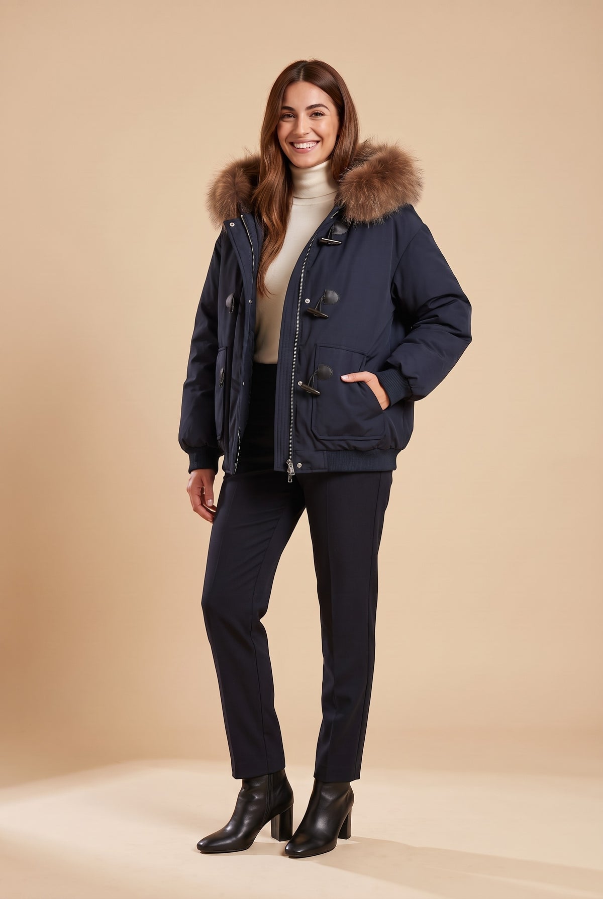 ELSIE Faux Fur Hood Cropped Puffer Jacket in navy, front