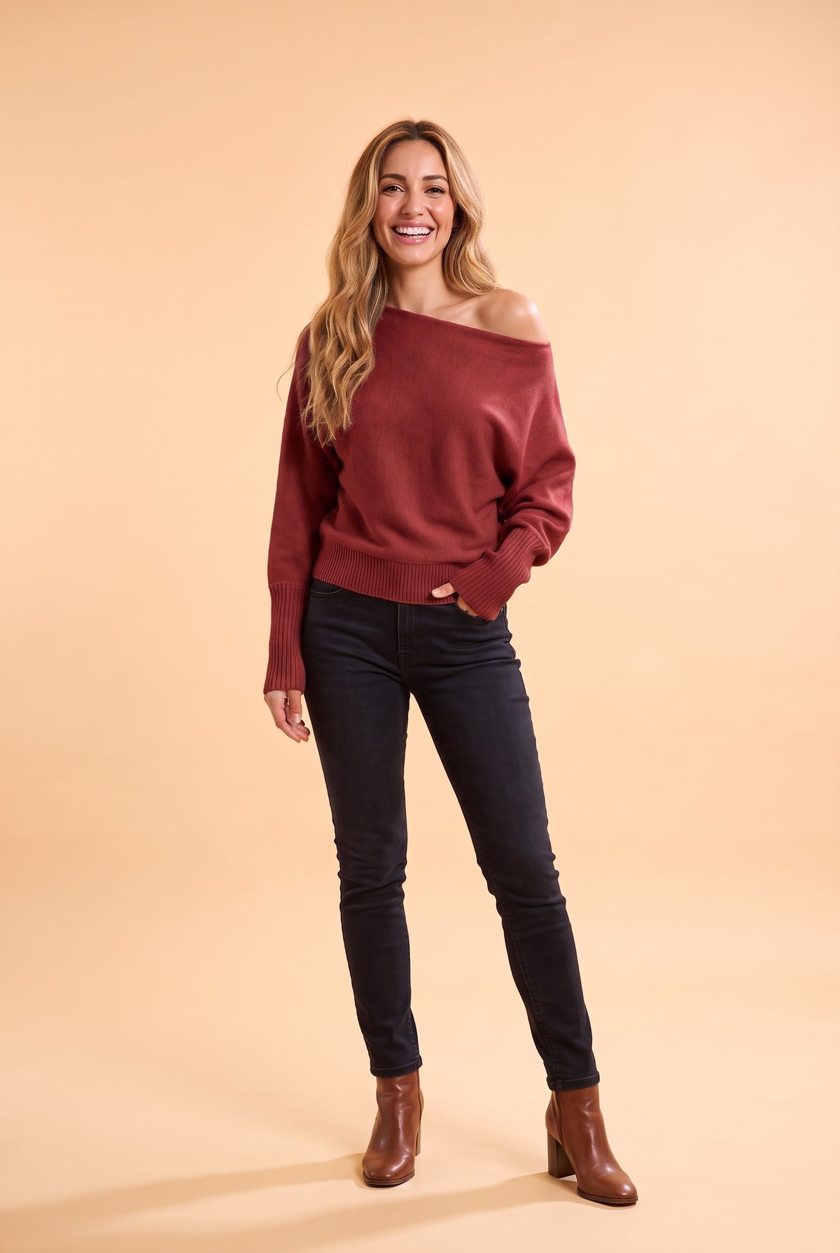 EMBER Ribbed Off Shoulder Batwing Jumper in red, front