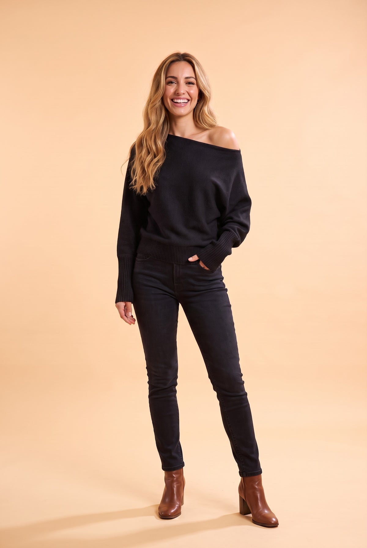 EMBER Ribbed Off Shoulder Batwing Jumper in black, front