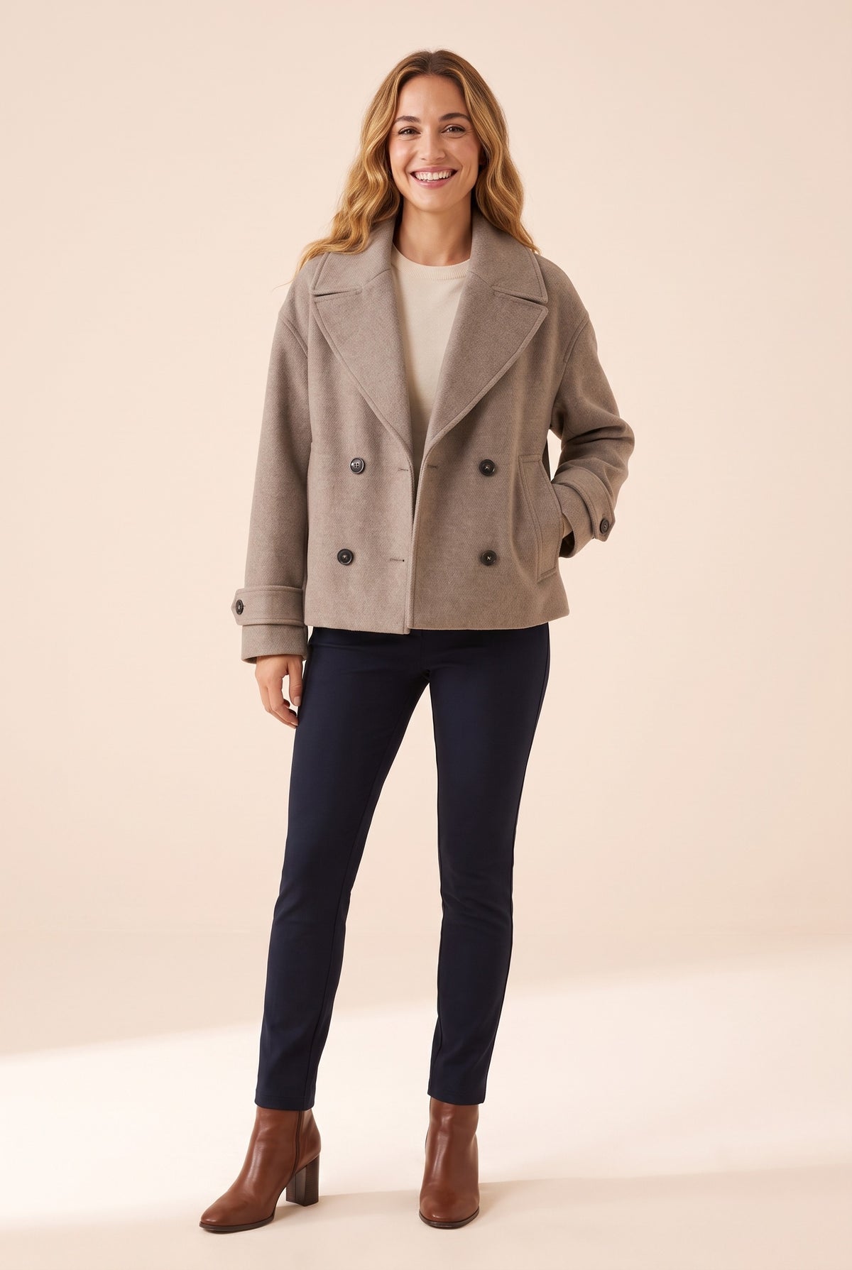 EMERSON Short Double Breasted Coat in khaki, front