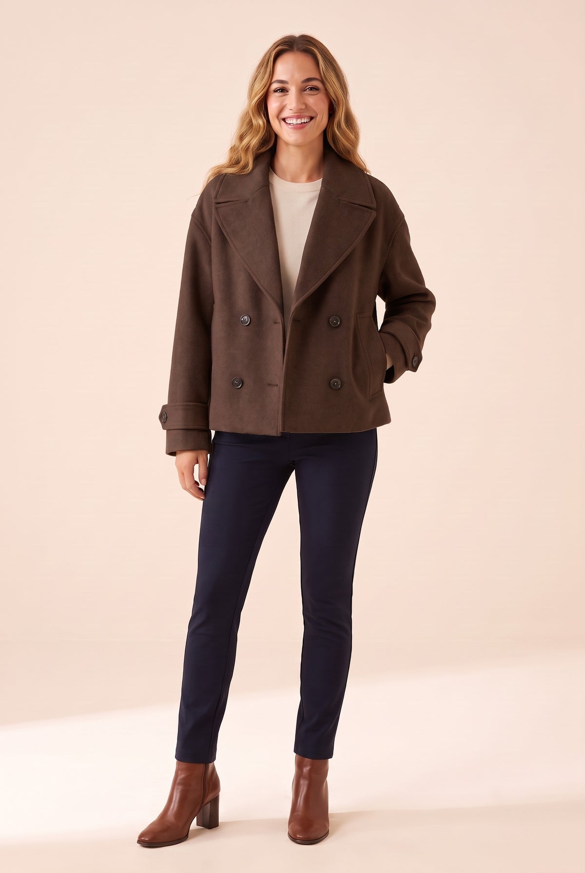 EMERSON Short Double Breasted Coat in coffee, front
