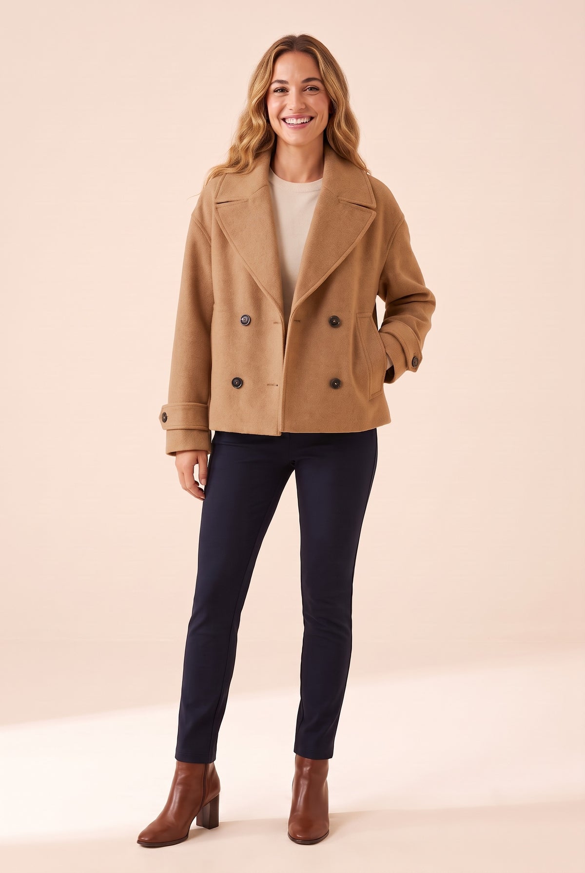 EMERSON Short Double Breasted Coat in camel, front