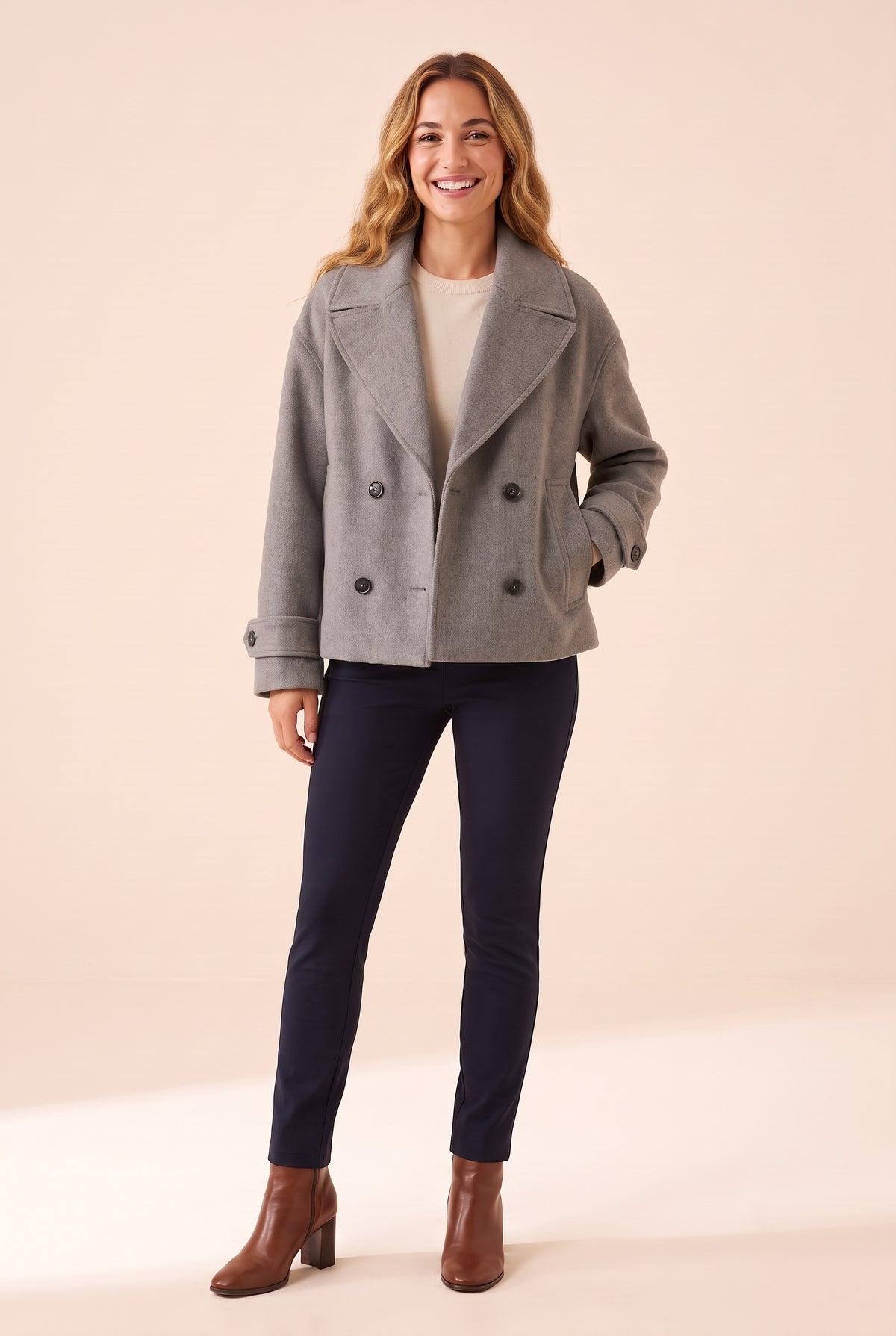 EMERSON Short Double Breasted Coat in grey, front
