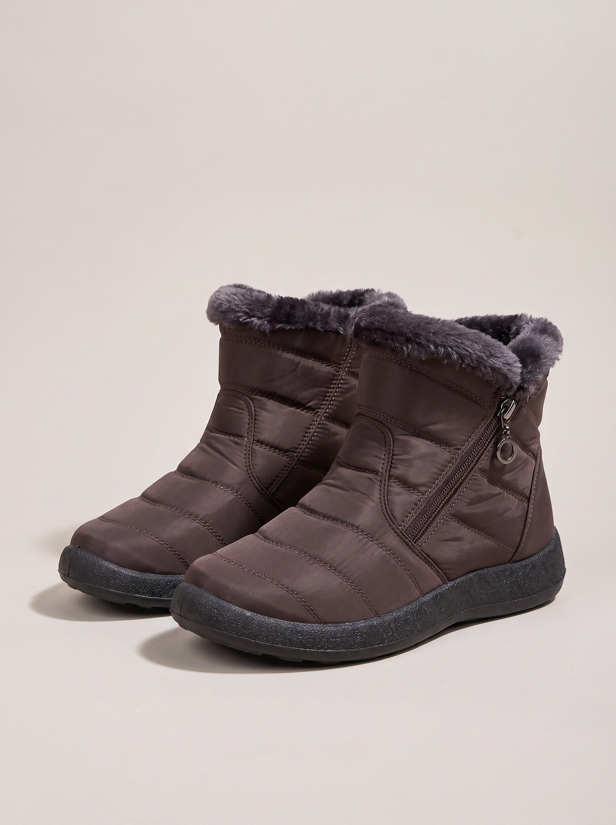 EMERY Quilted Faux Fur Ankle Snow Boots in brown, front