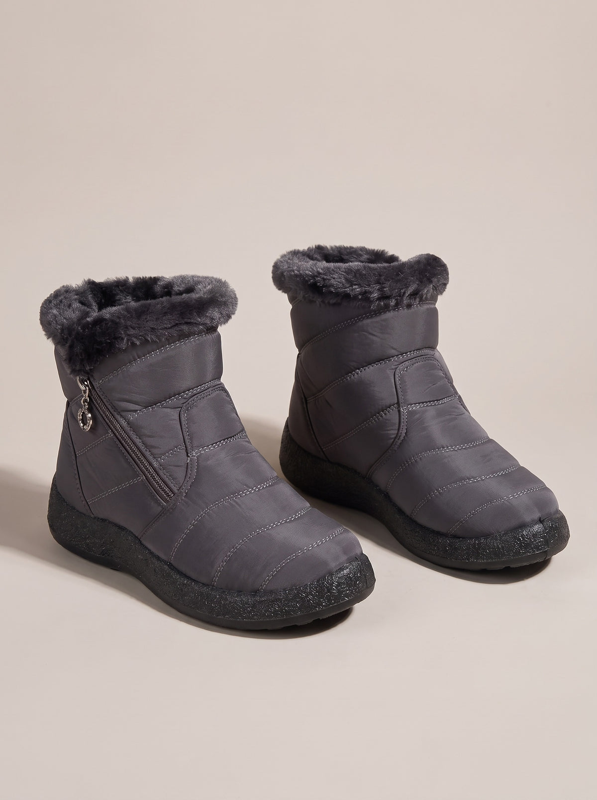 EMERY Quilted Faux Fur Ankle Snow Boots in grey, front