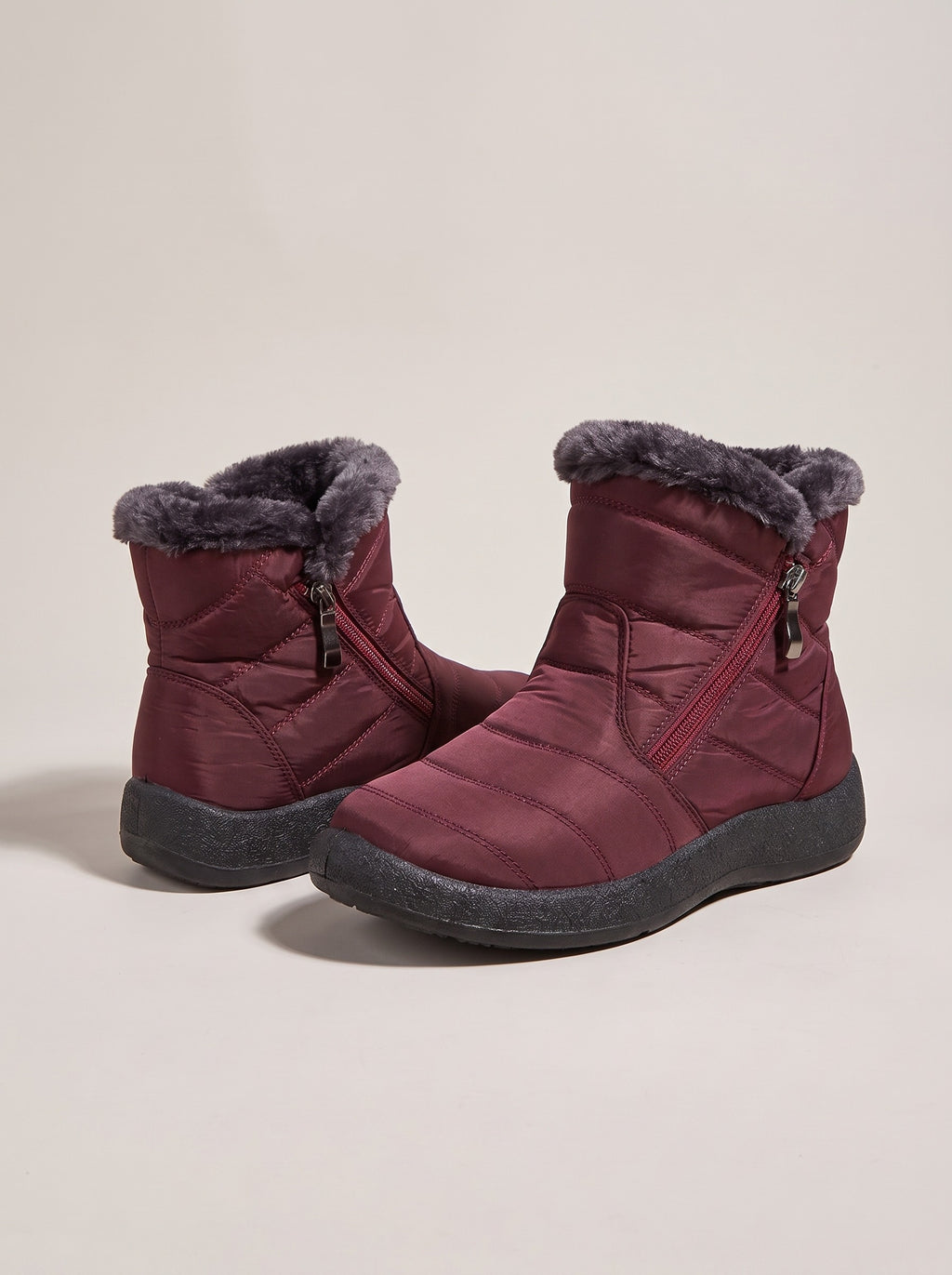 EMERY Quilted Faux Fur Ankle Snow Boots in wine red, front