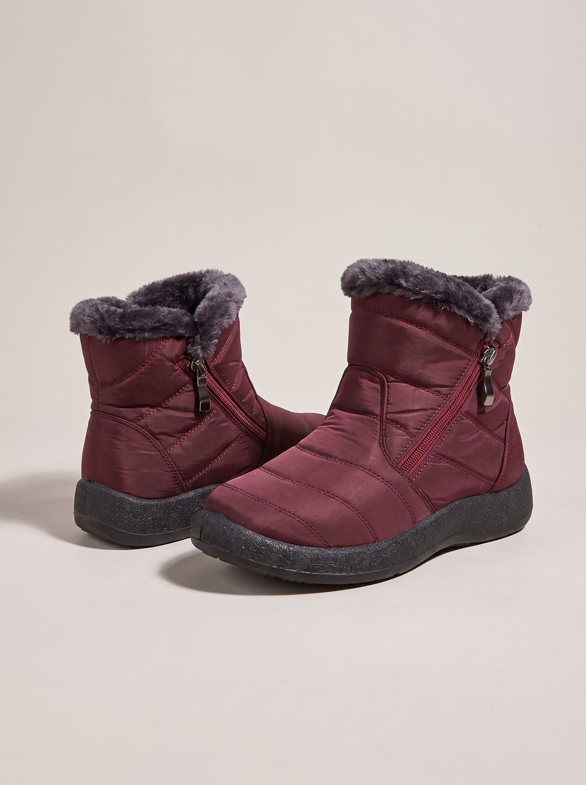 EMERY Quilted Faux Fur Ankle Snow Boots in wine red, front