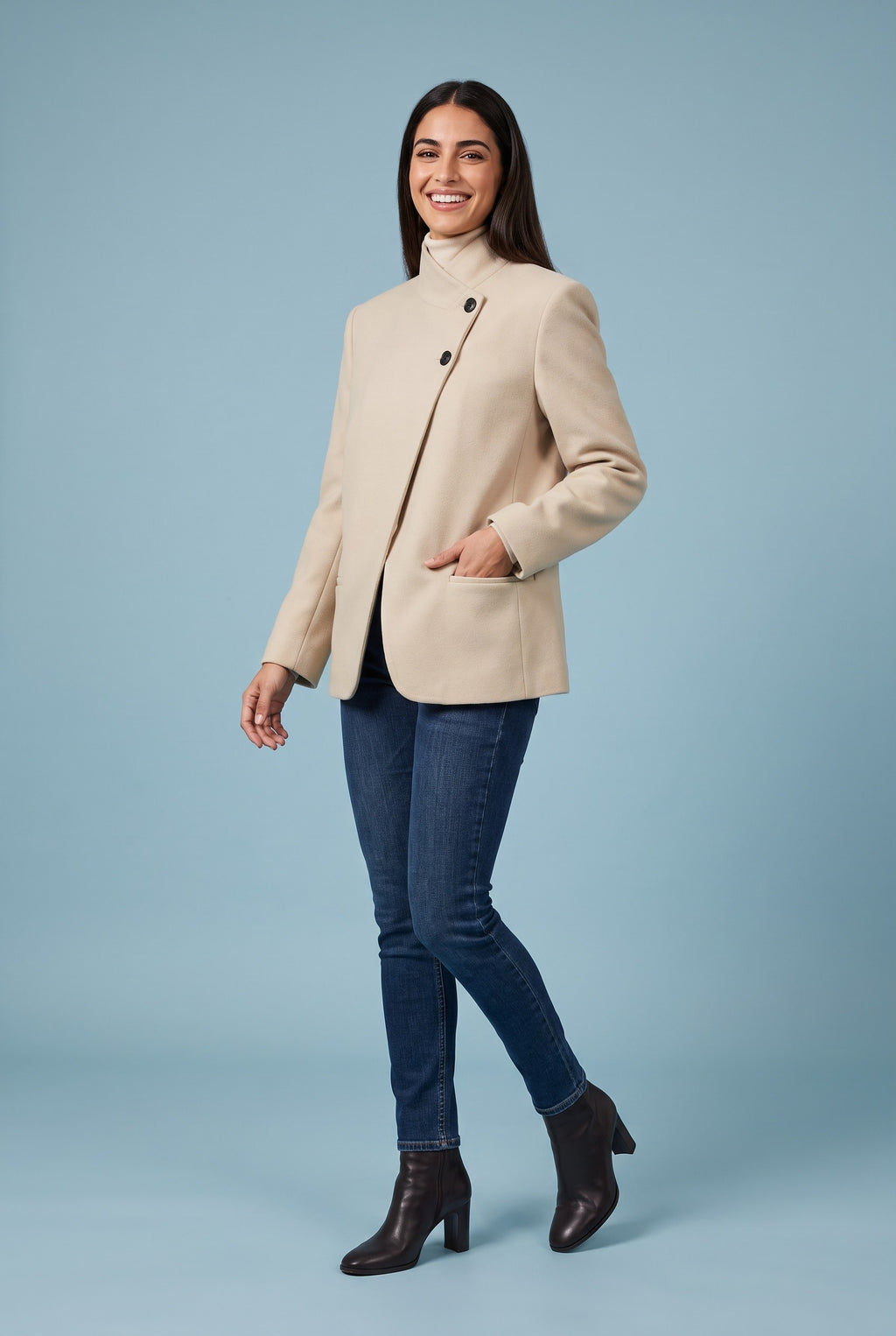 ESTELLA Collarless Tailored Blazer in beige, front