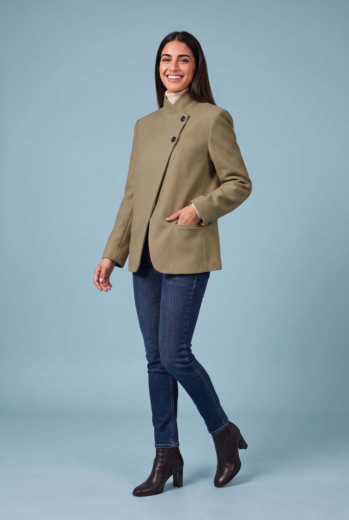 ESTELLA Collarless Tailored Blazer in khaki, front
