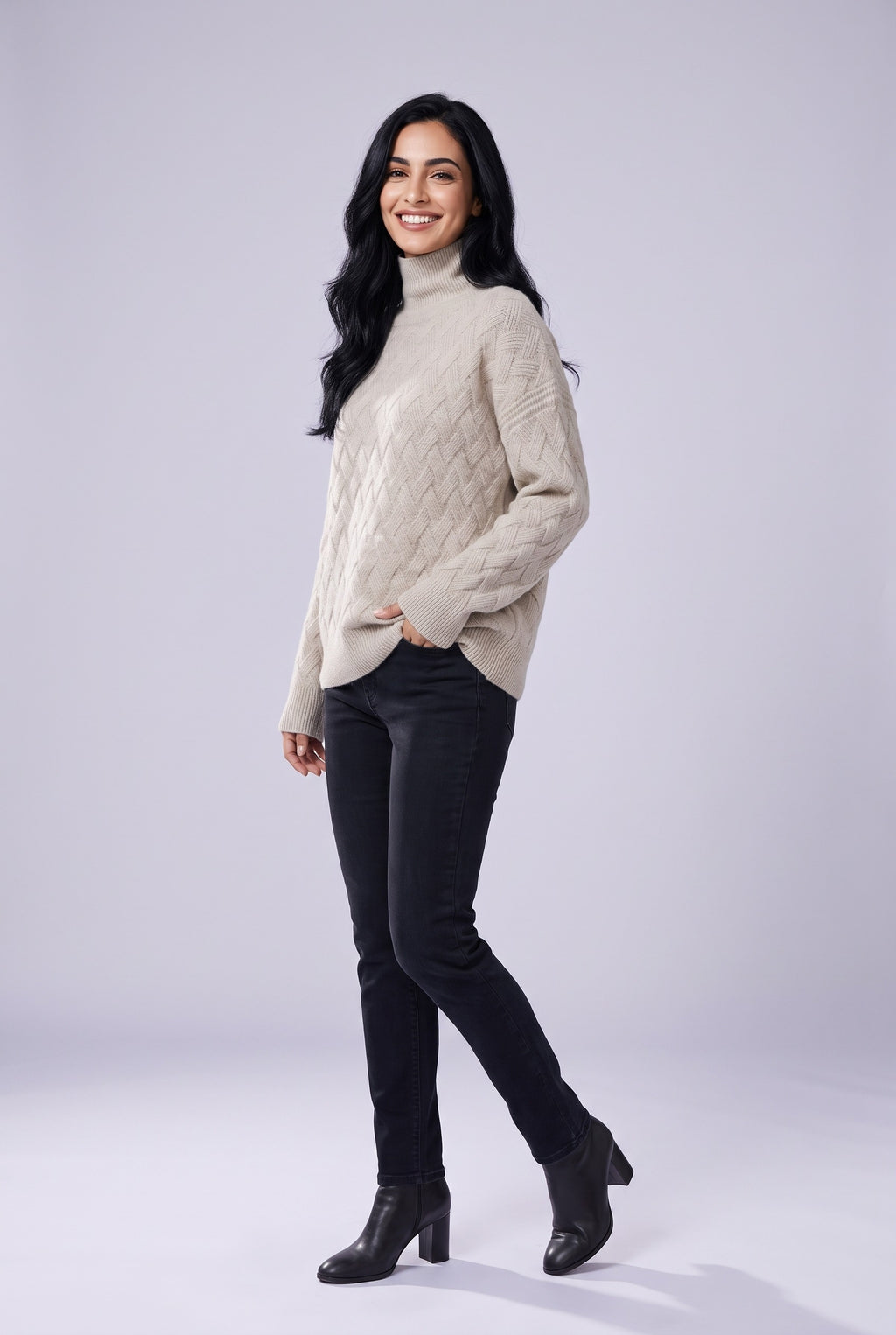 EVANGELINE Chunky Cable Knit Oversized Jumper in camel, front