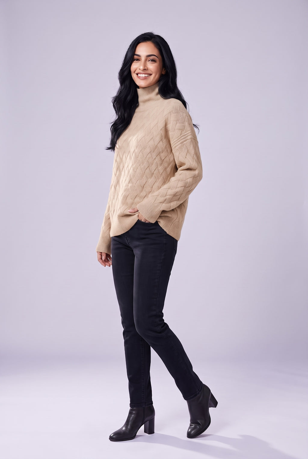 EVANGELINE Chunky Cable Knit Oversized Jumper in beige, front