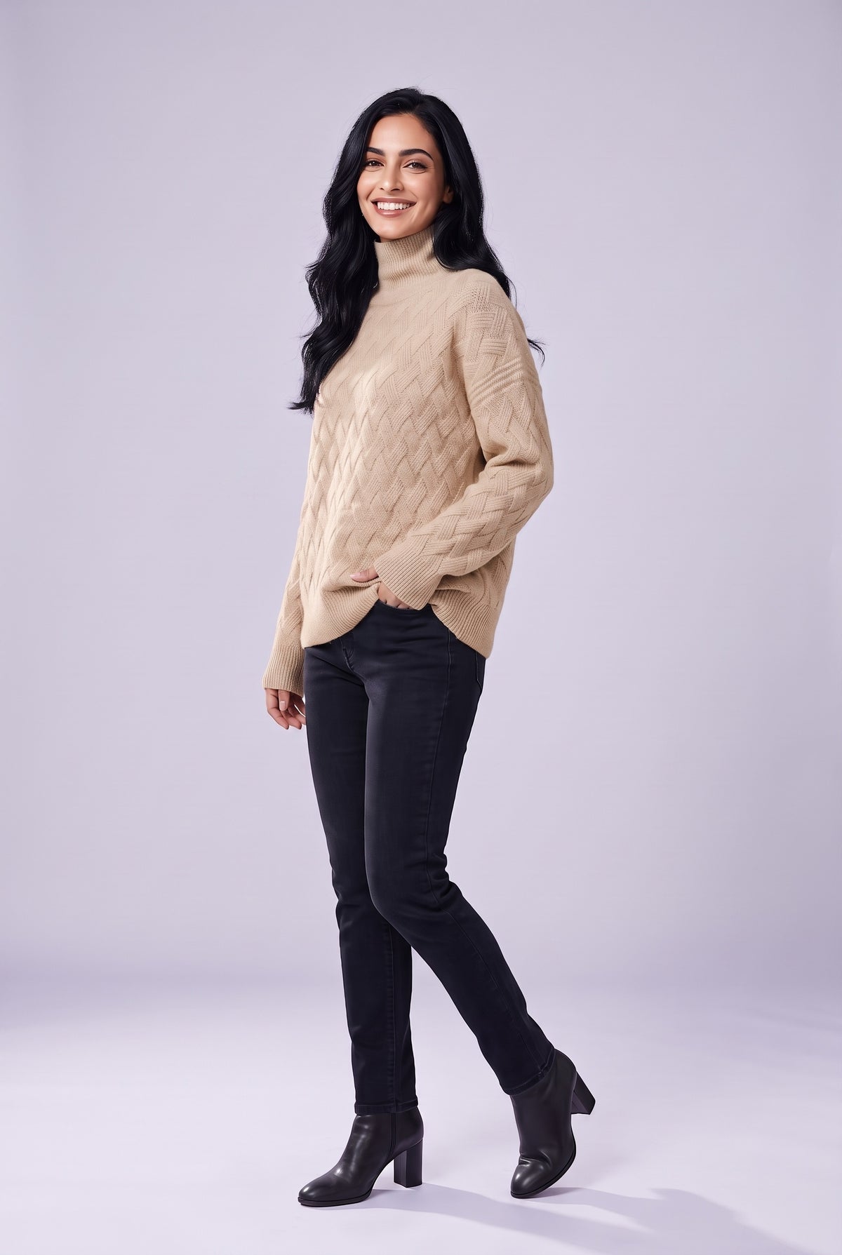 EVANGELINE Chunky Cable Knit Oversized Jumper in beige, front