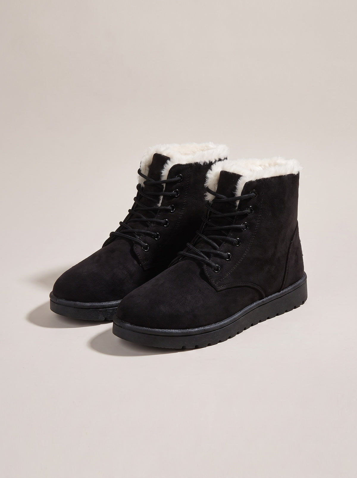 FINLEY Lace Up Fleece Lined Faux Suede Ankle Boots in black, front