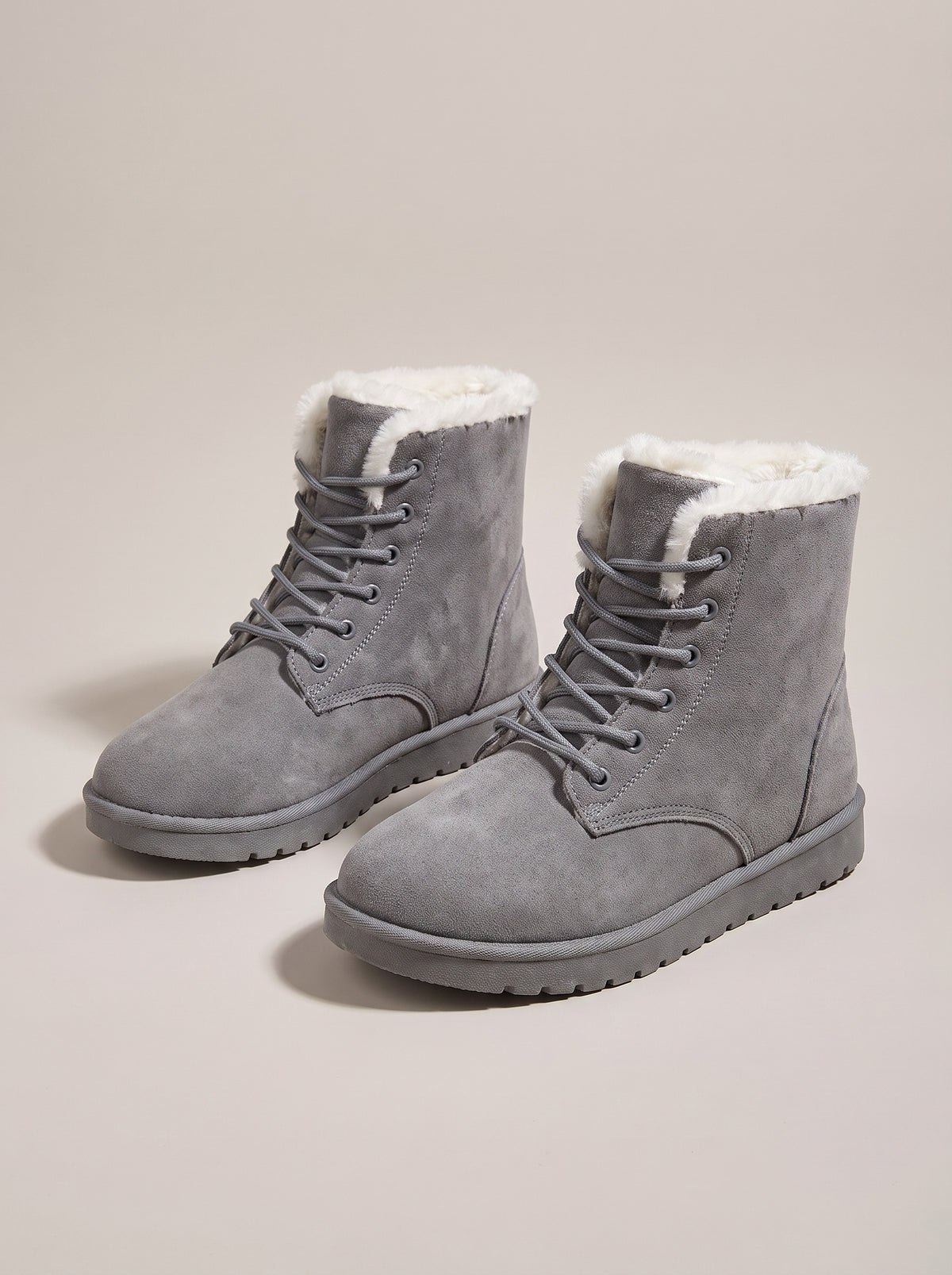FINLEY Lace Up Fleece Lined Faux Suede Ankle Boots in grey, front