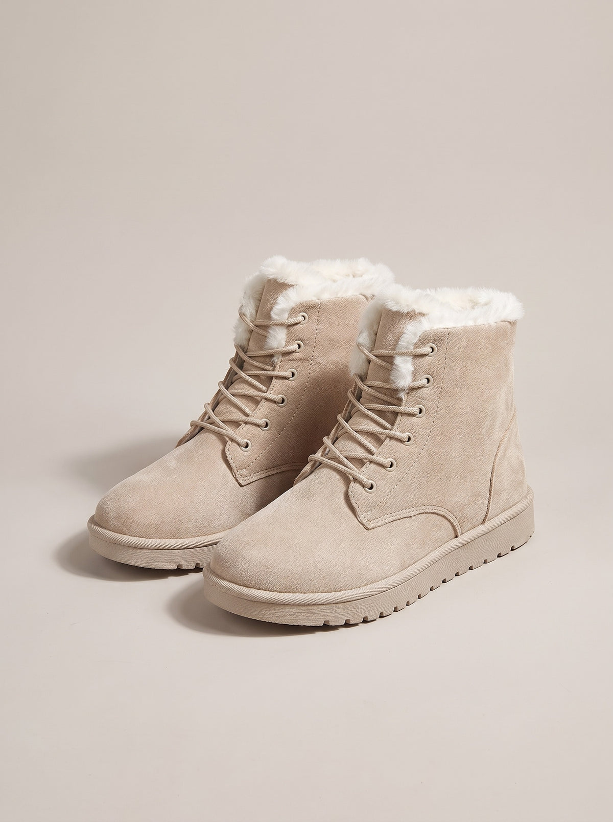FINLEY Lace Up Fleece Lined Faux Suede Ankle Boots in beige, front