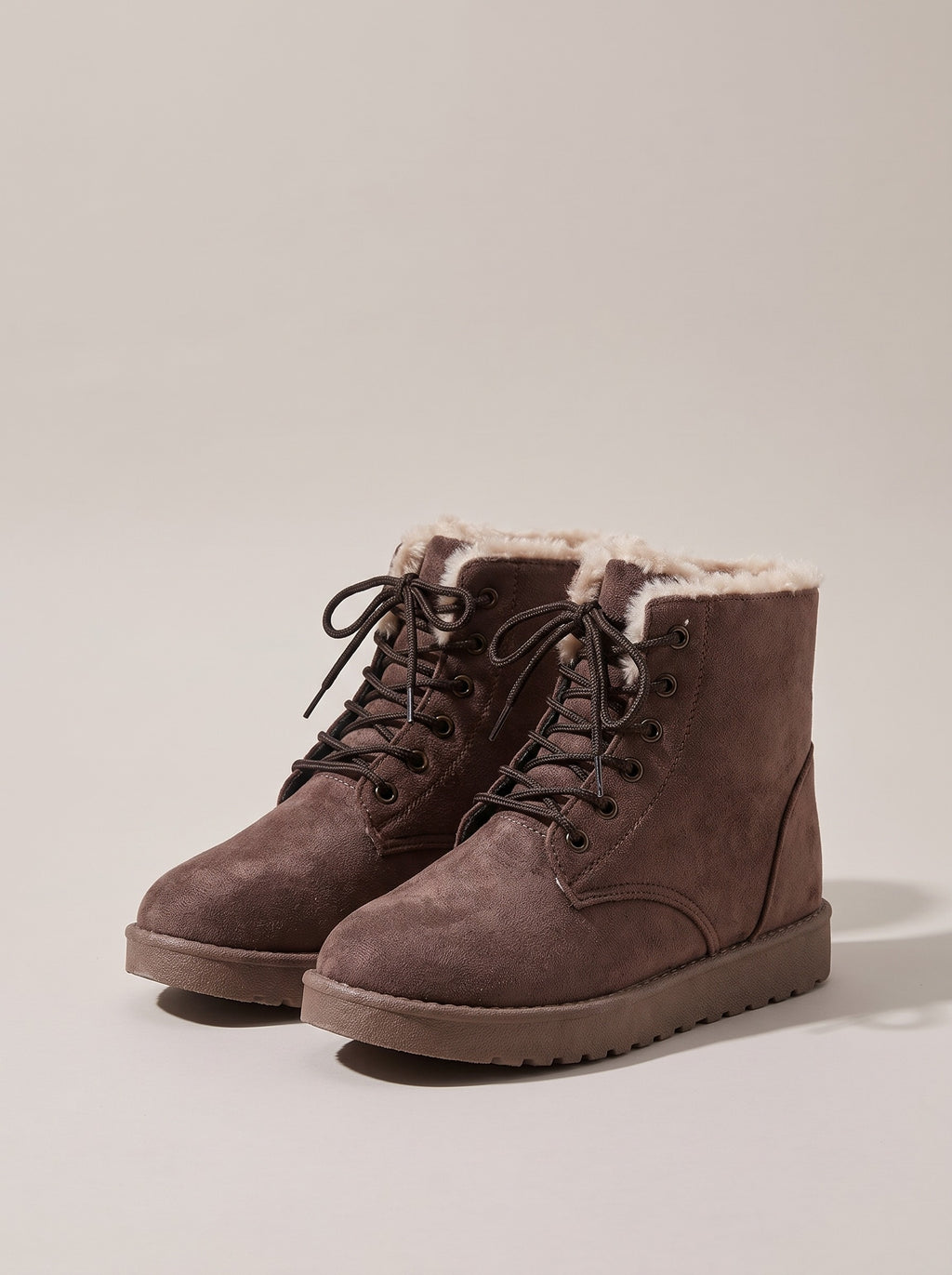 FINLEY Lace Up Fleece Lined Faux Suede Ankle Boots in coffee, front