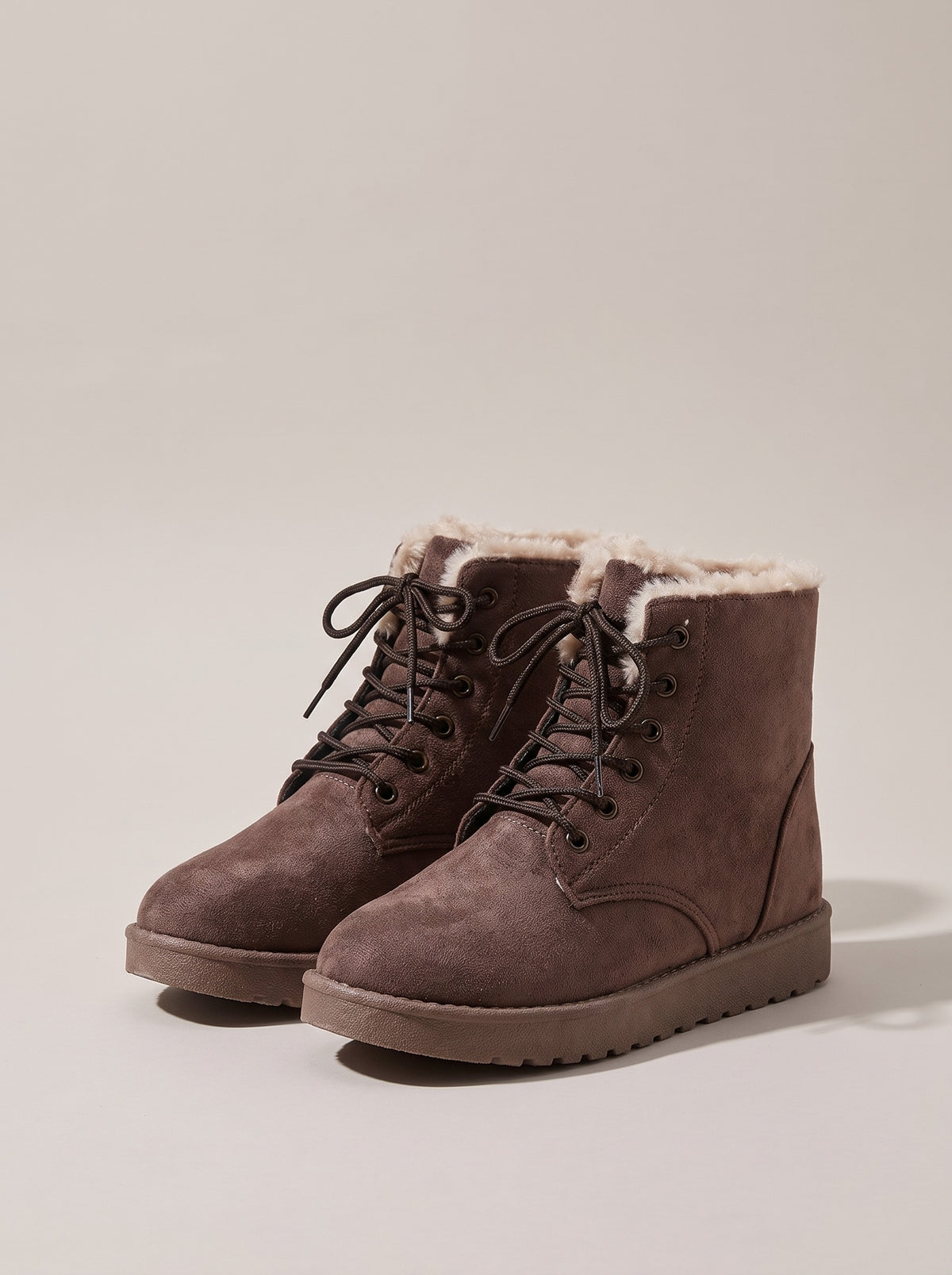 FINLEY Lace Up Fleece Lined Faux Suede Ankle Boots in coffee, front