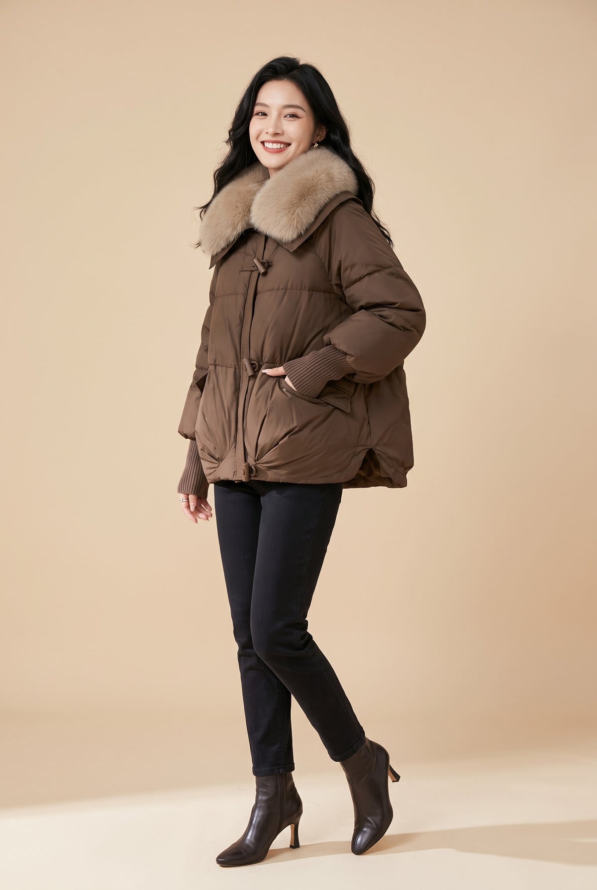 FIONA Faux Fur Collar Puffer Jacket in coffee, front