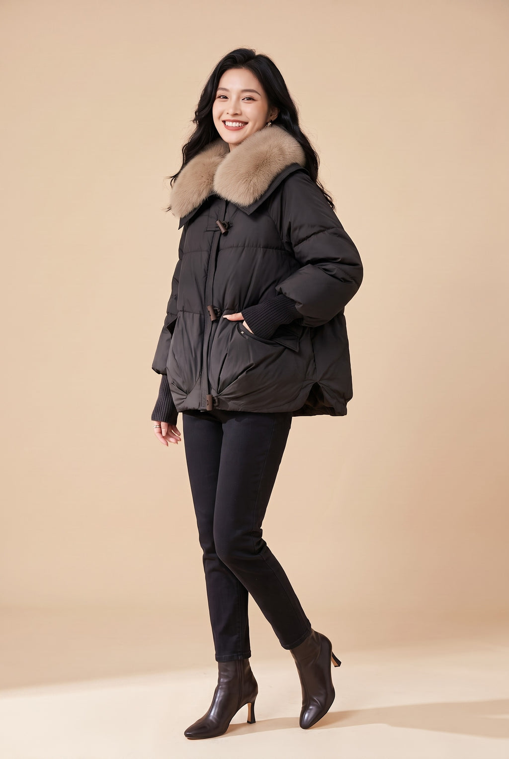 FIONA Faux Fur Collar Puffer Jacket in black, front