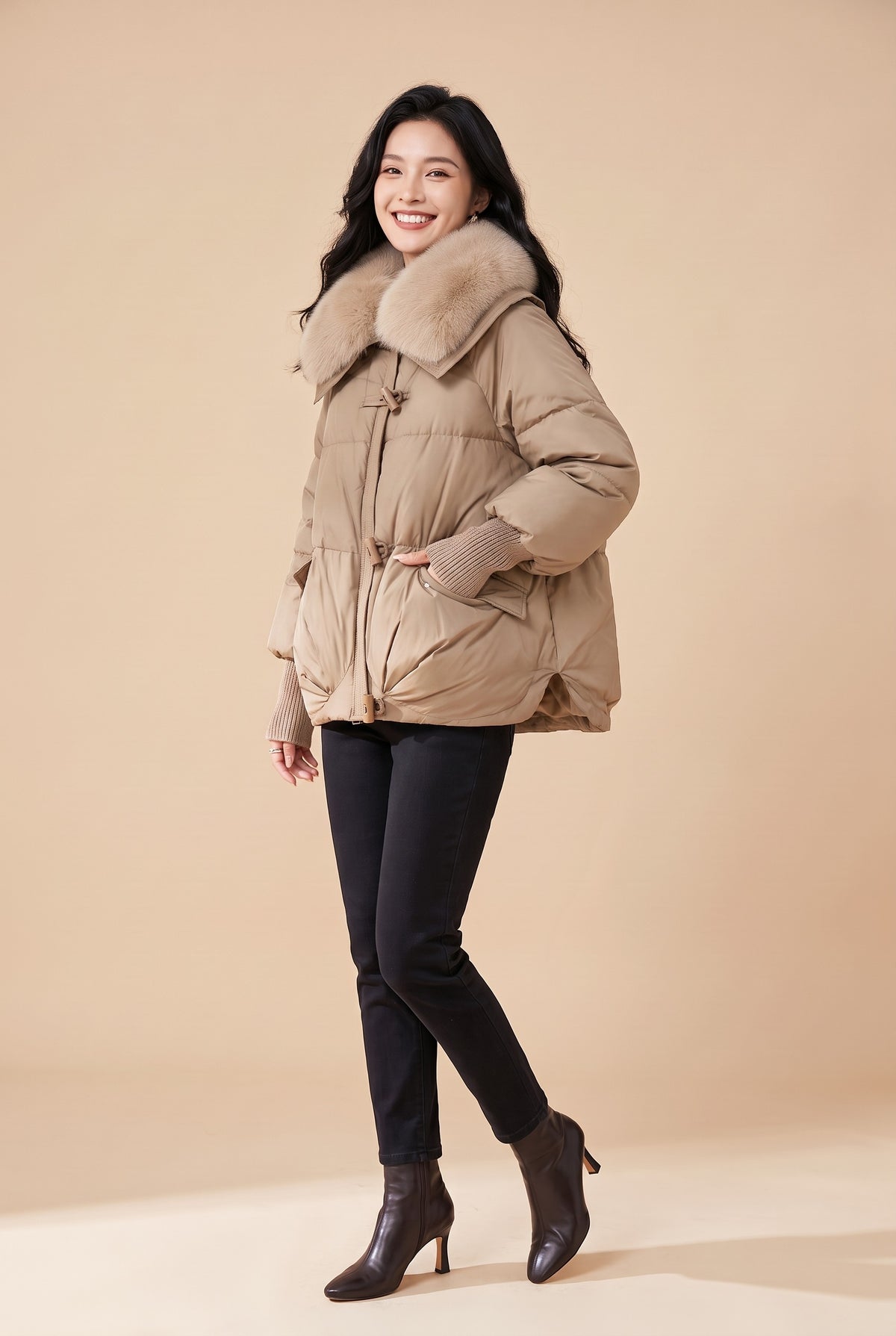 FIONA Faux Fur Collar Puffer Jacket in beige, front
