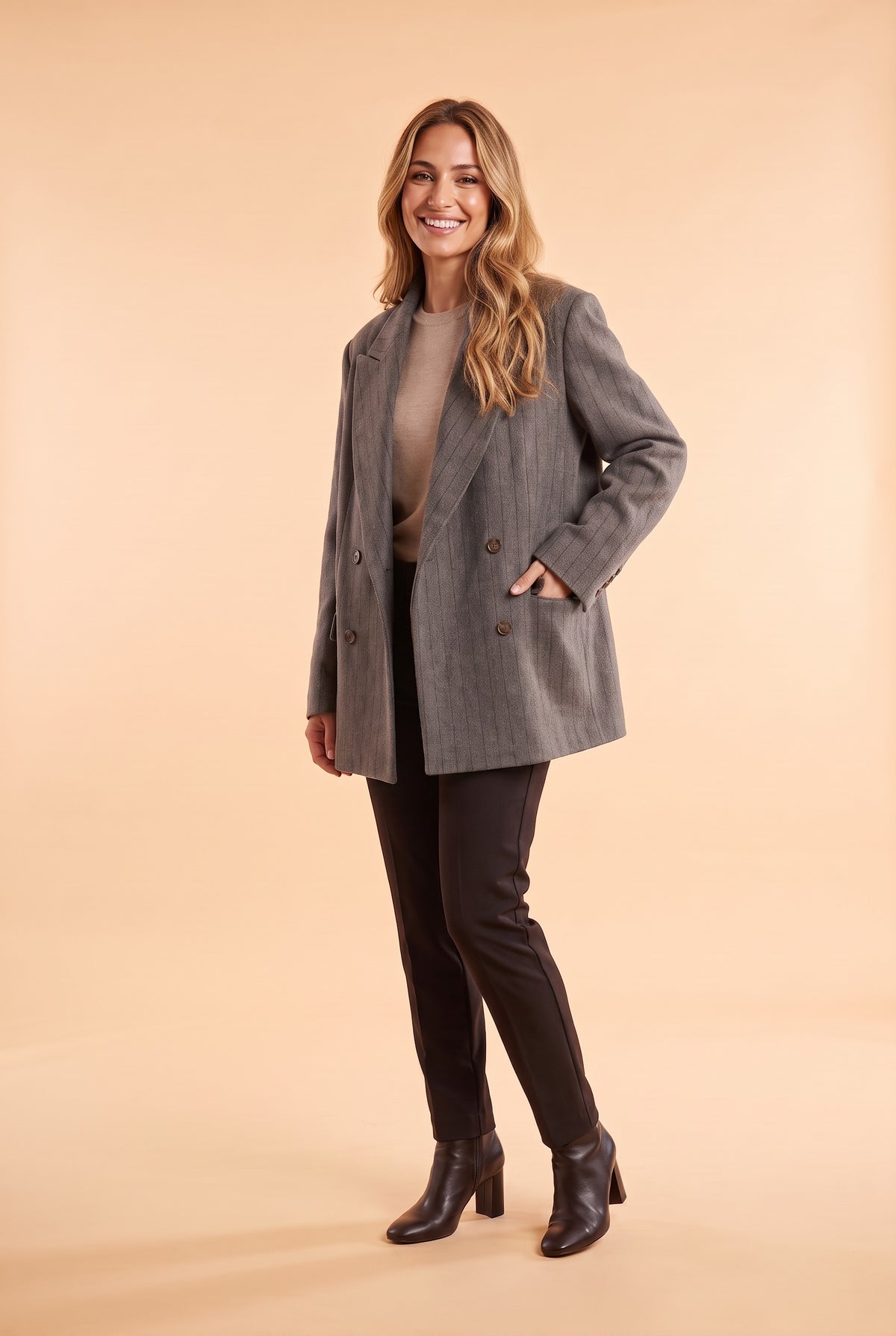 GENEVIEVE Oversized Double Breasted Blazer in grey, front