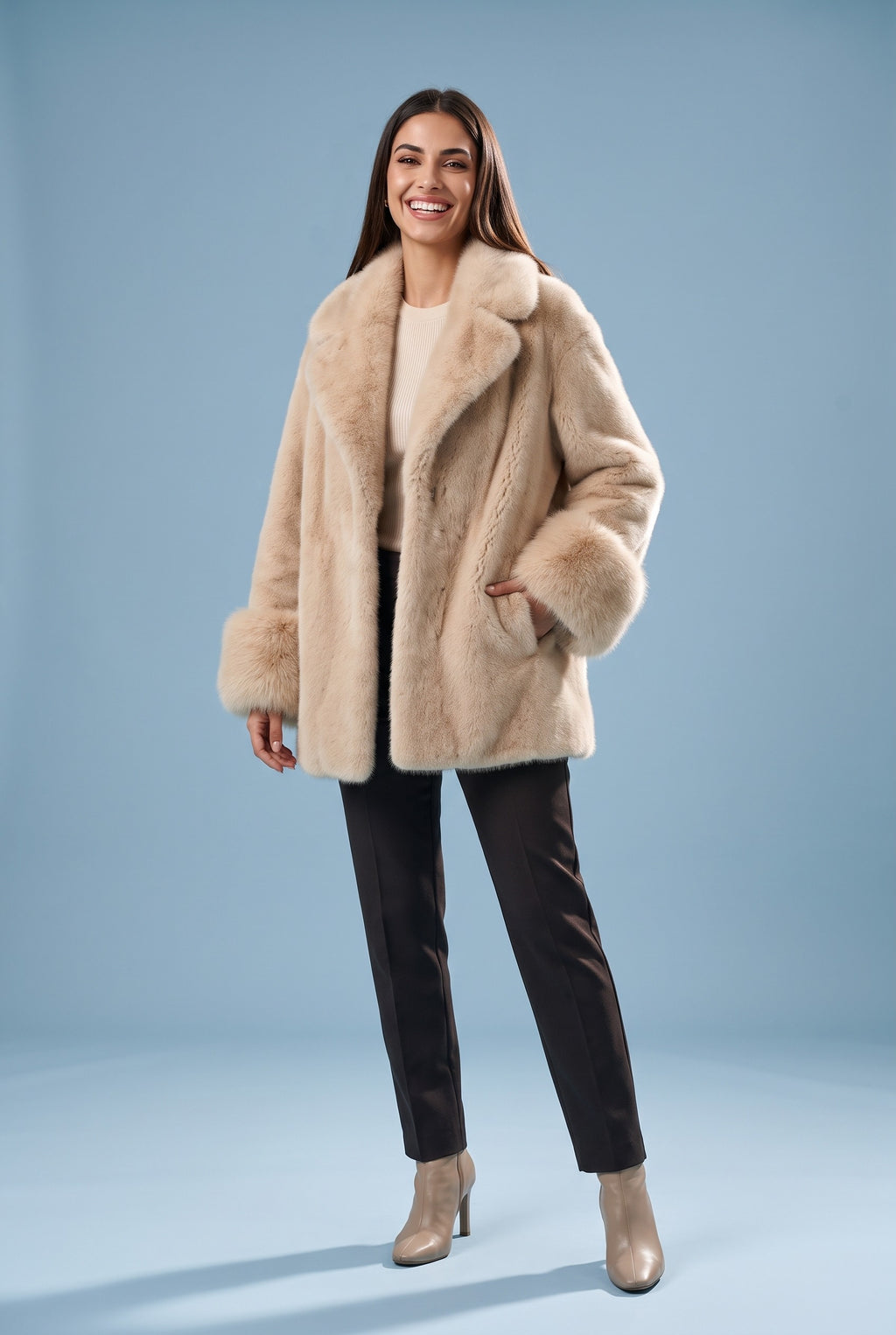 GIA Faux Fur Collar Longline Coat in beige, front