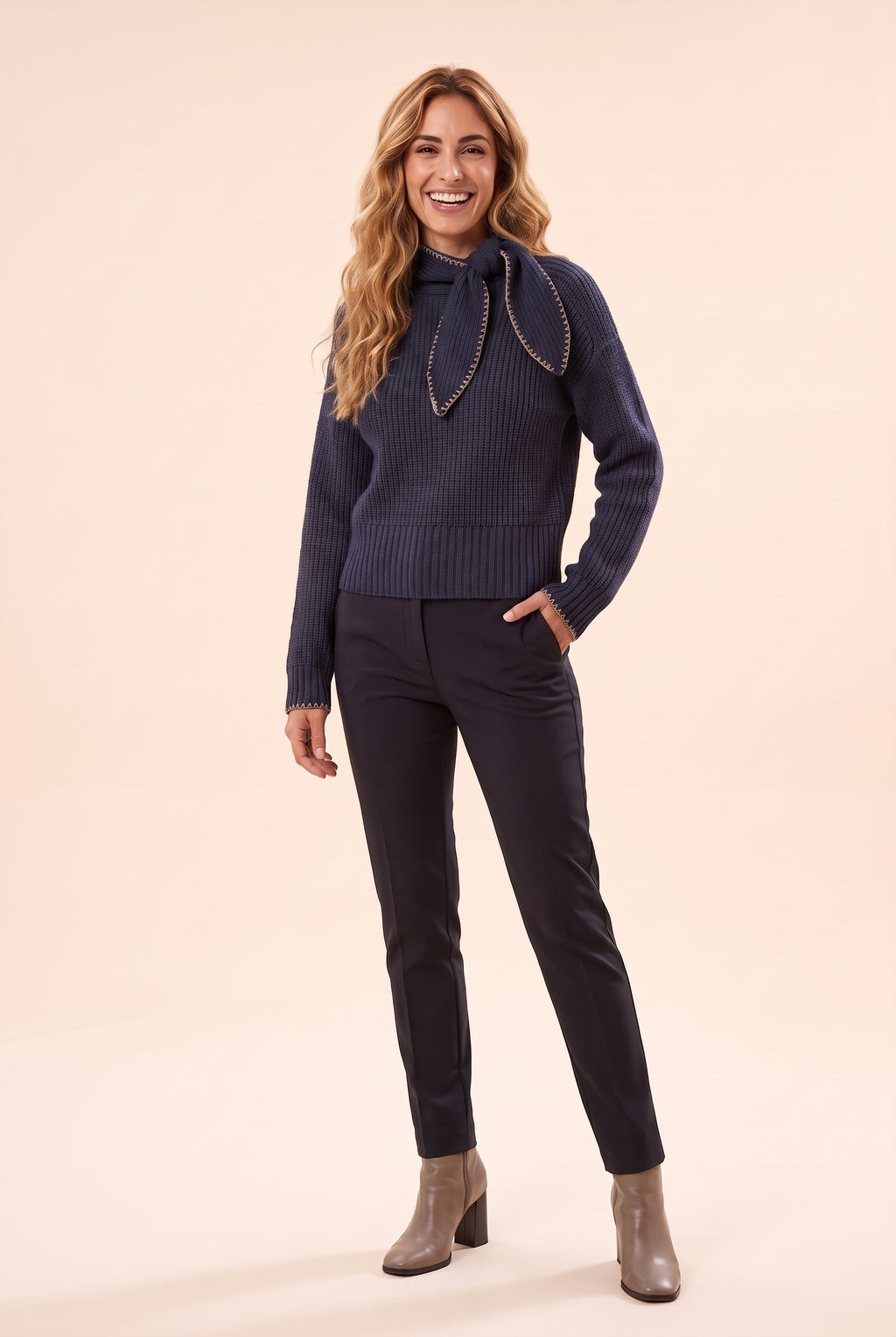 GRACIE Bow Collar Knitted Cardigan in navy, front