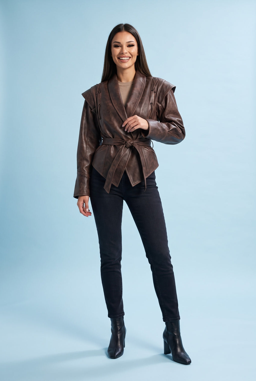 GWYNETH Brown Faux Leather Belted Wrap Jacket in camel, front