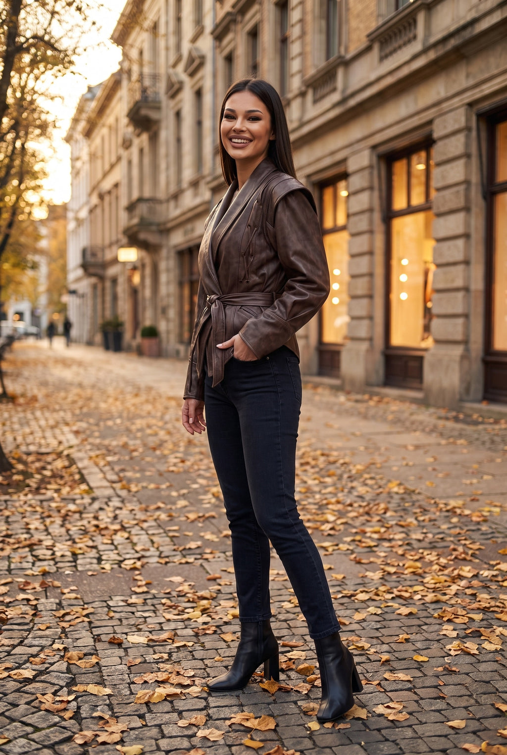 GWYNETH Brown Faux Leather Belted Wrap Jacket, lifestyle