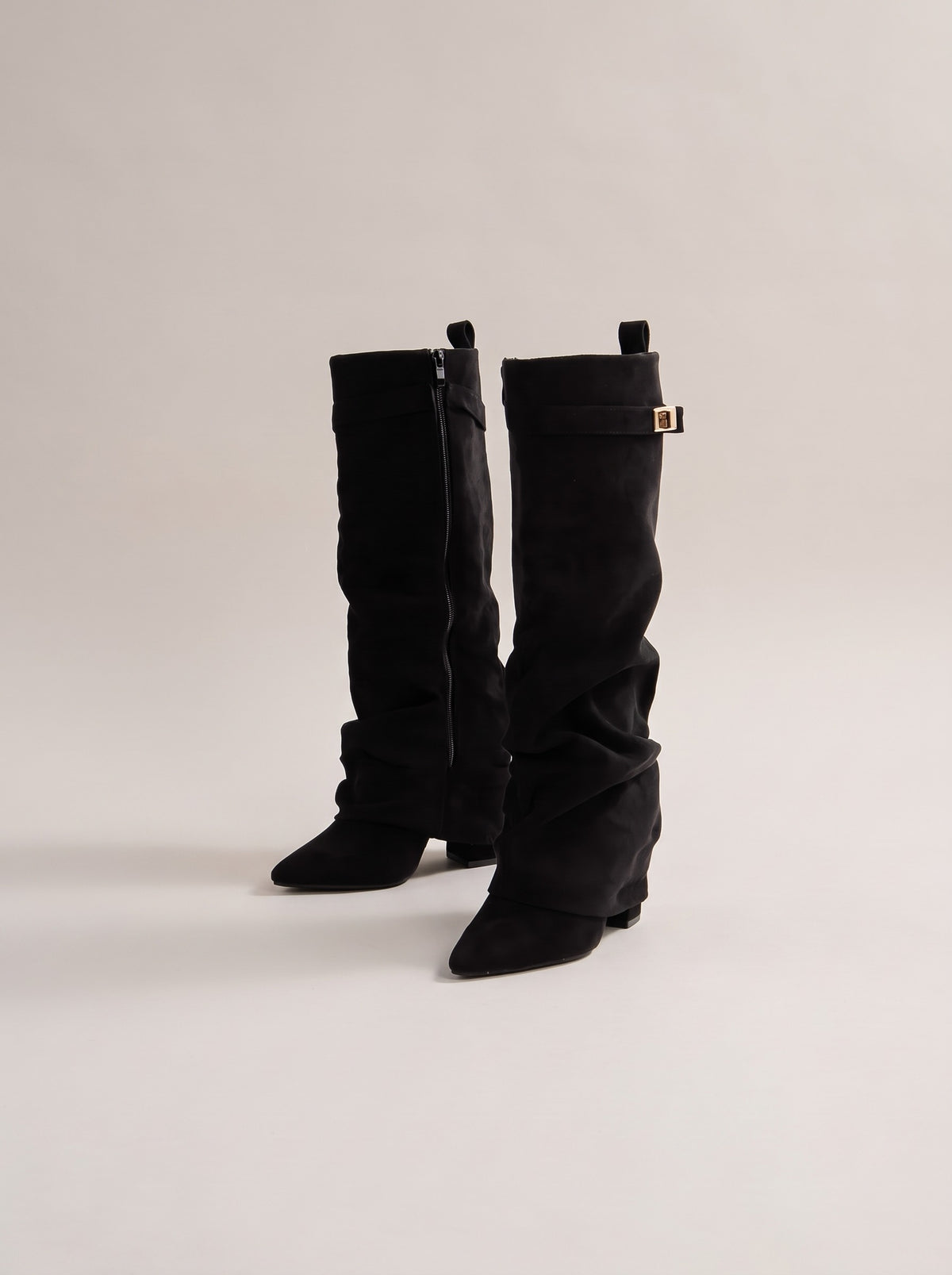 HAILEY Slouch Faux Suede Buckle Knee High Boots in black, front