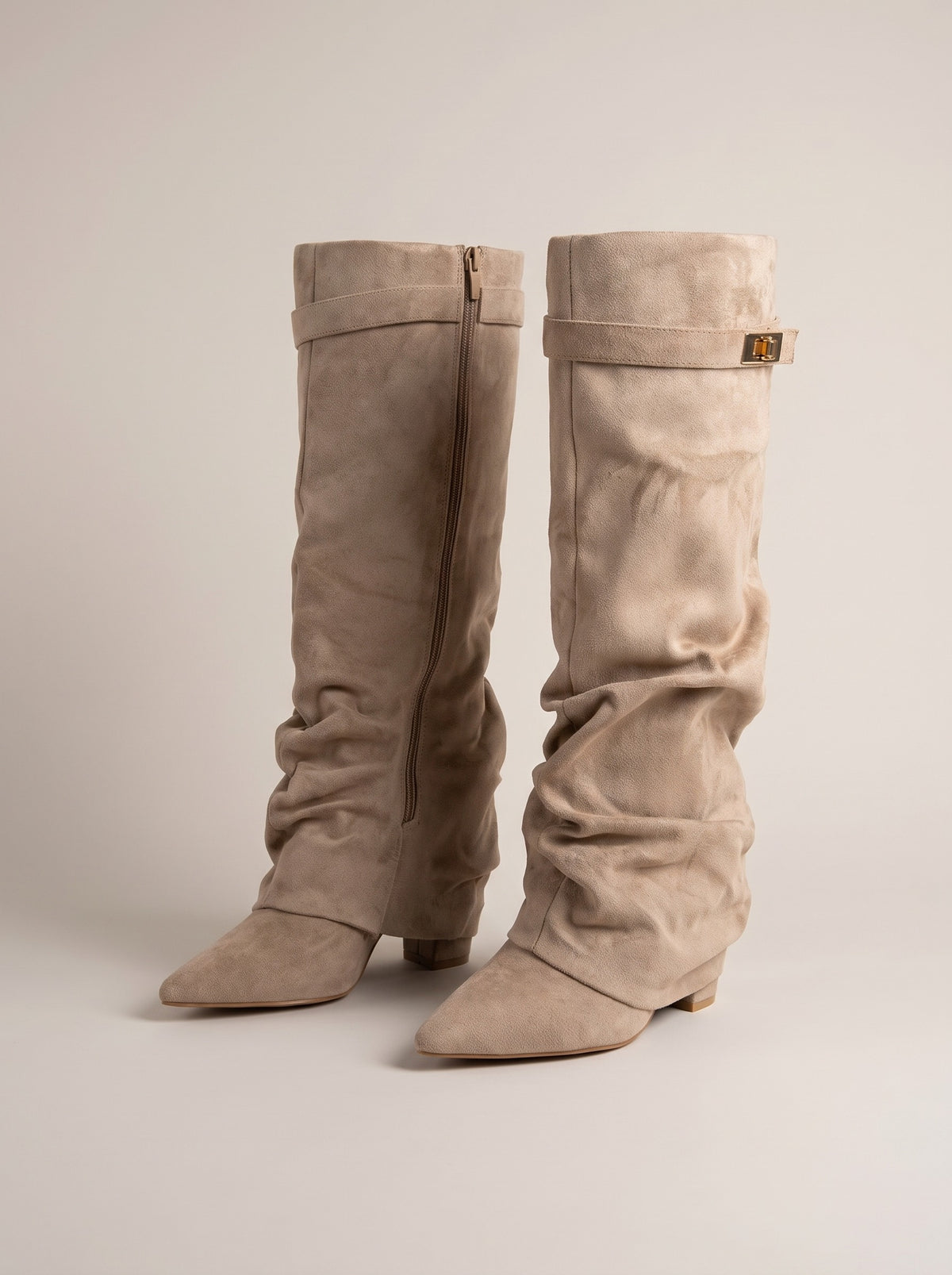 HAILEY Slouch Faux Suede Buckle Knee High Boots in apricot, front