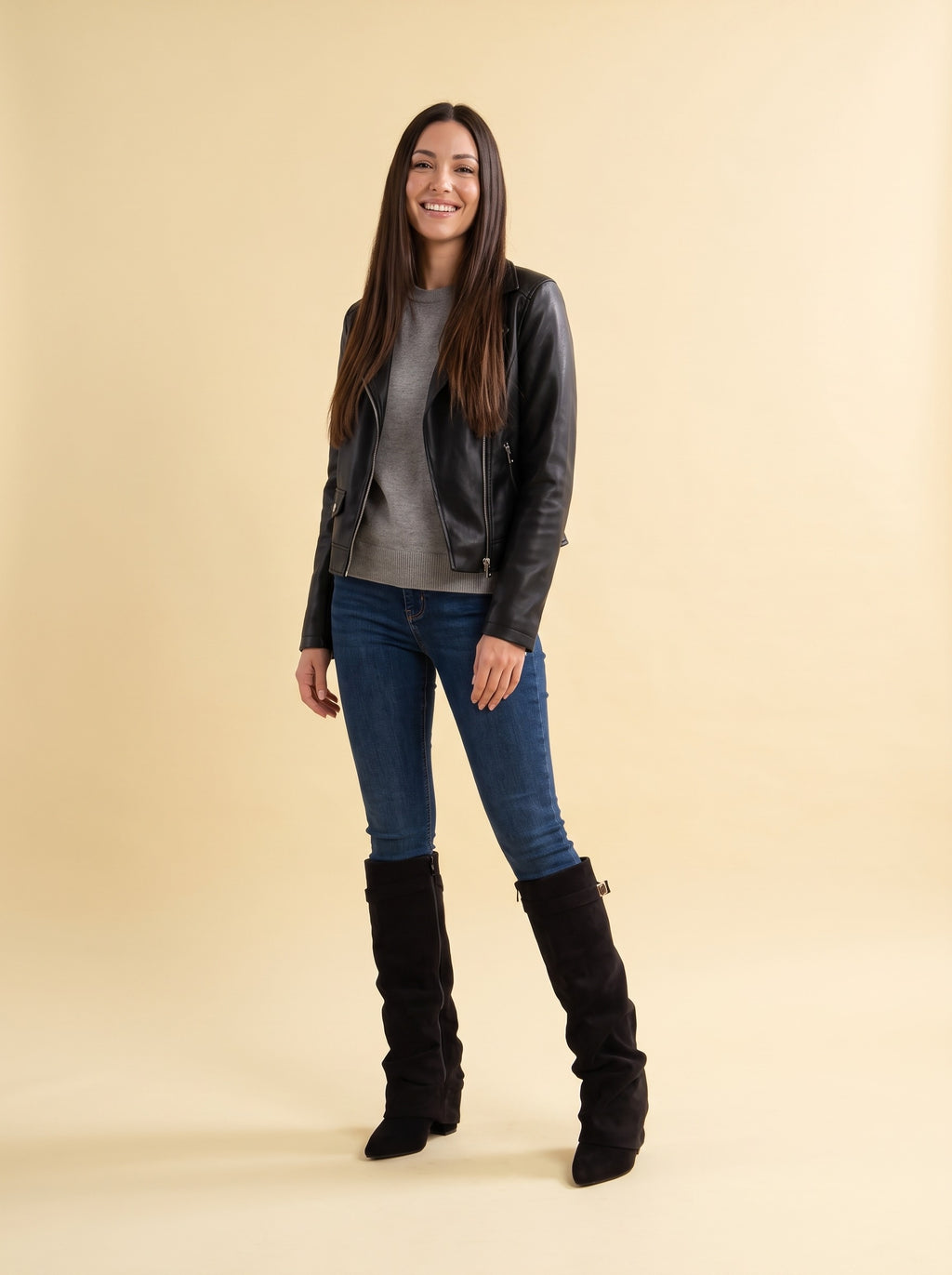 HAILEY Slouch Faux Suede Buckle Knee High Boots, worn full length